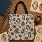 Human heart anatomy archive tote with research notes and field-study materials