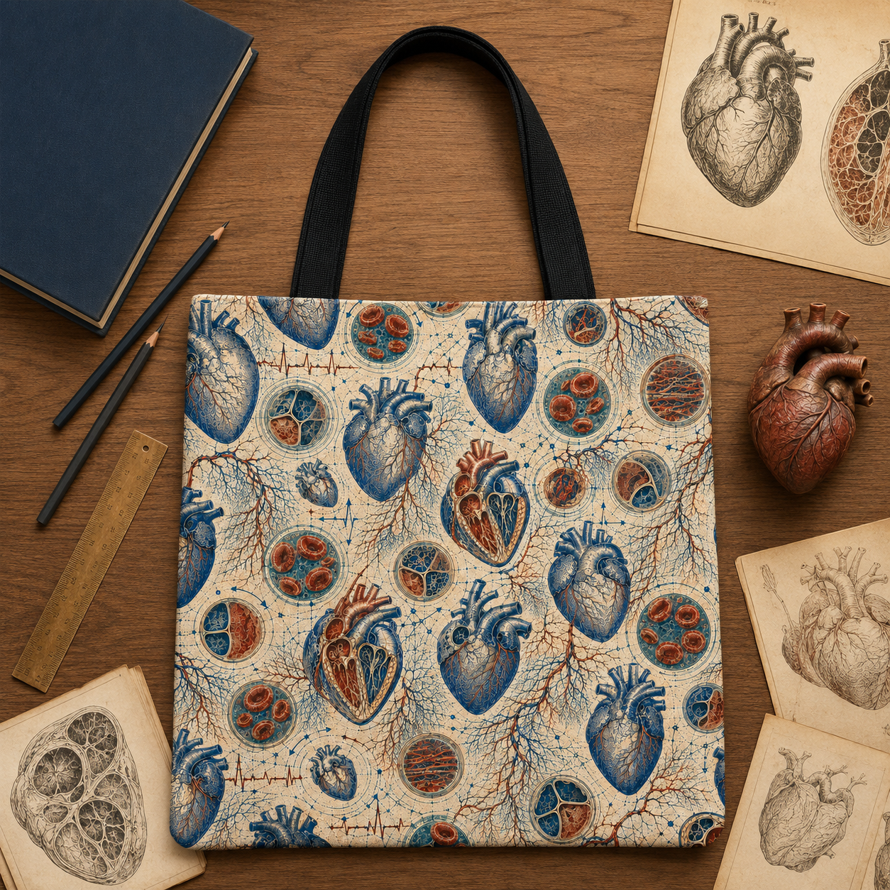 Human heart anatomy archive tote with research notes and field-study materials