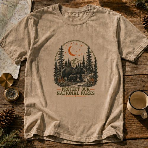 Moonlit Bear national parks tee in Sandstone, trail flat lay