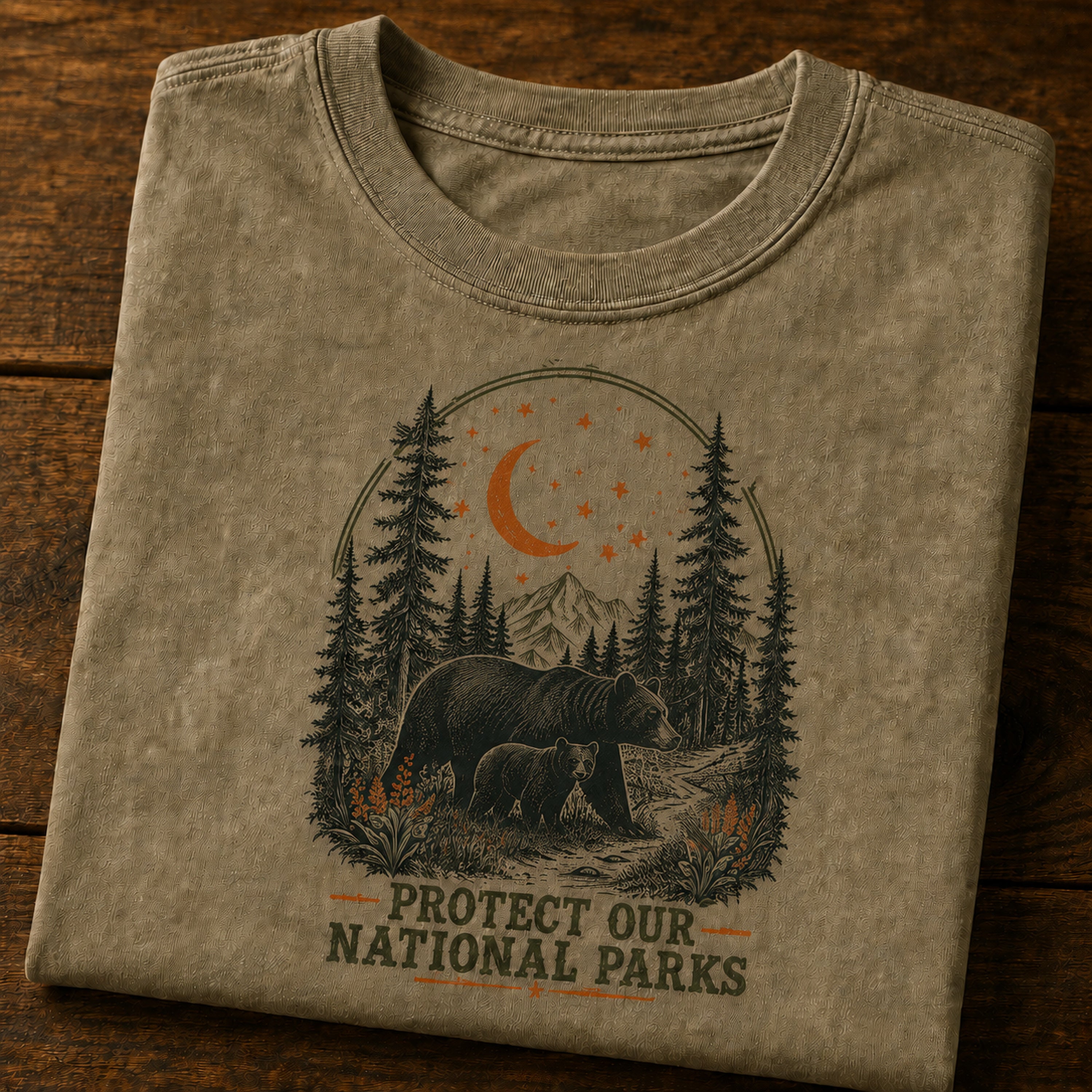 Moonlit Bear national parks tee in Khaki, folded detail