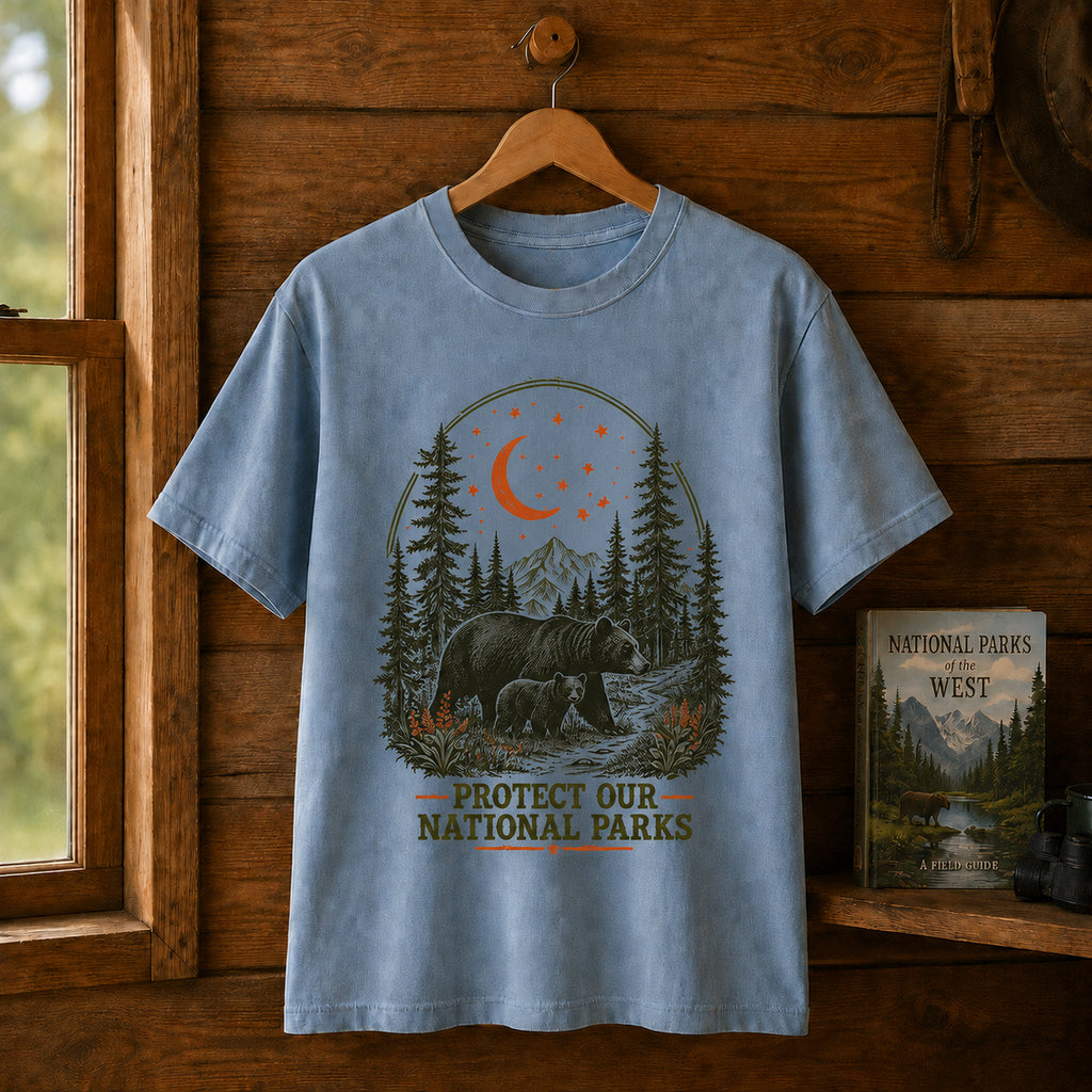 Moonlit Bear national parks tee in Chambray, cabin hanger