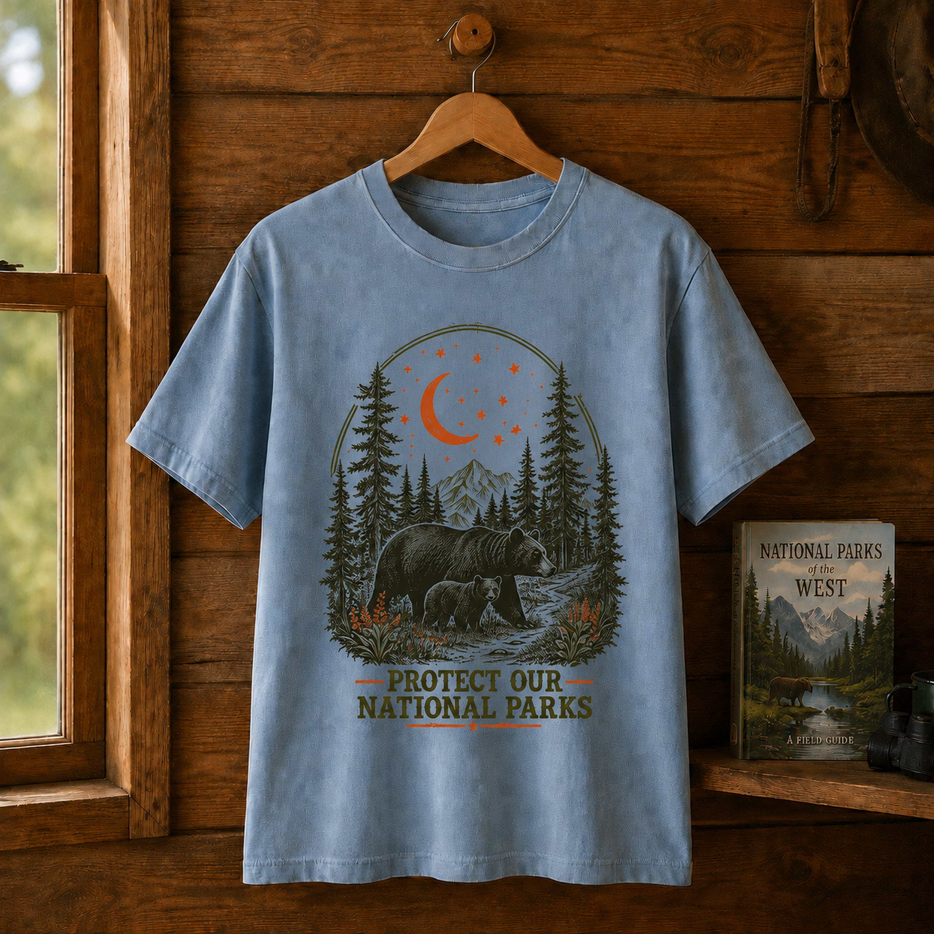 Moonlit Bear national parks tee in Chambray, cabin hanger