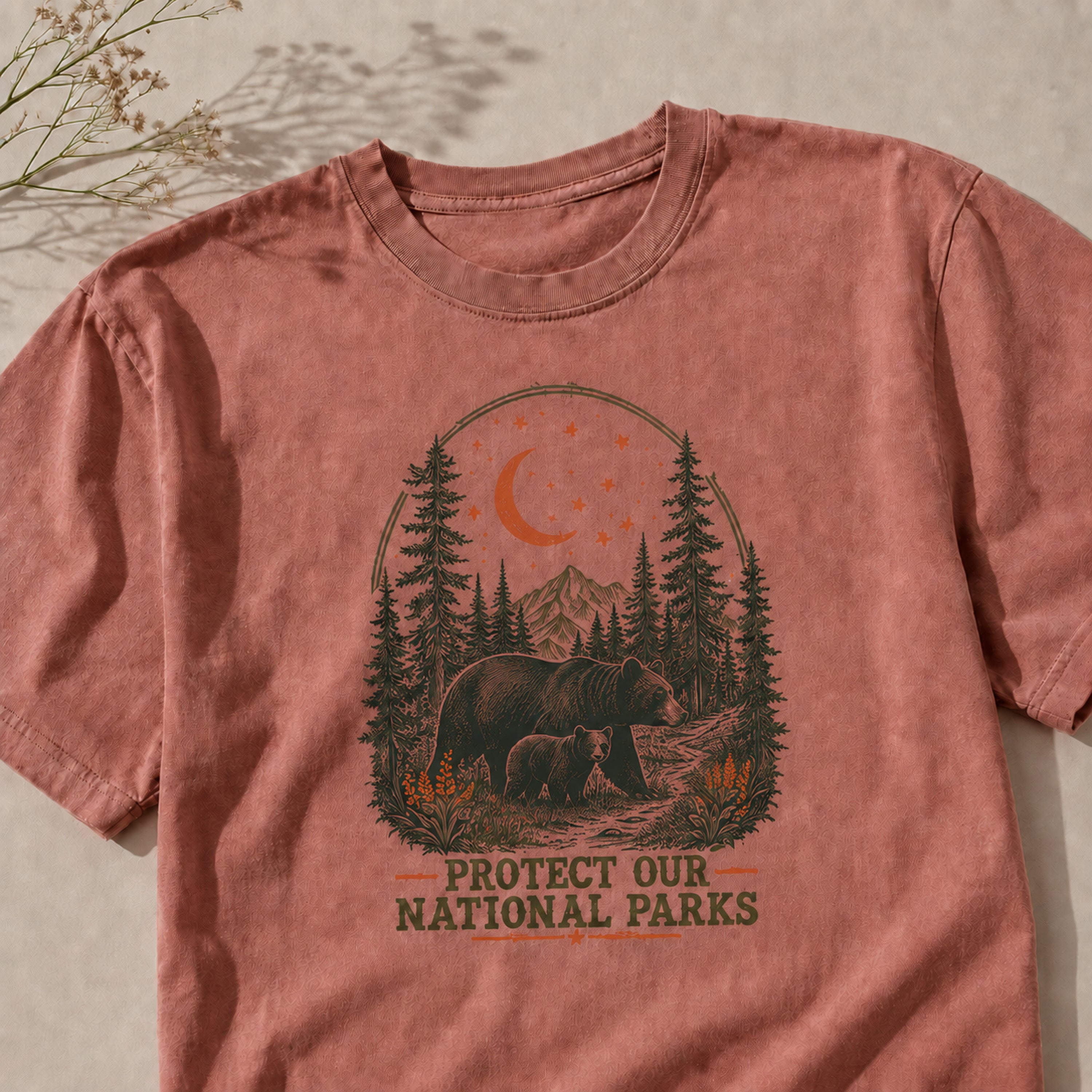 Moonlit Bear national parks tee in Blossom, fabric detail