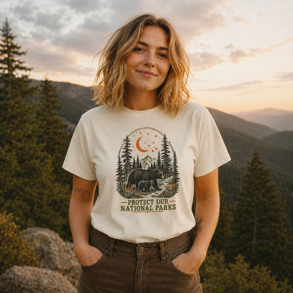Woman wearing Moonlit Bear national parks tee in Ivory outdoors