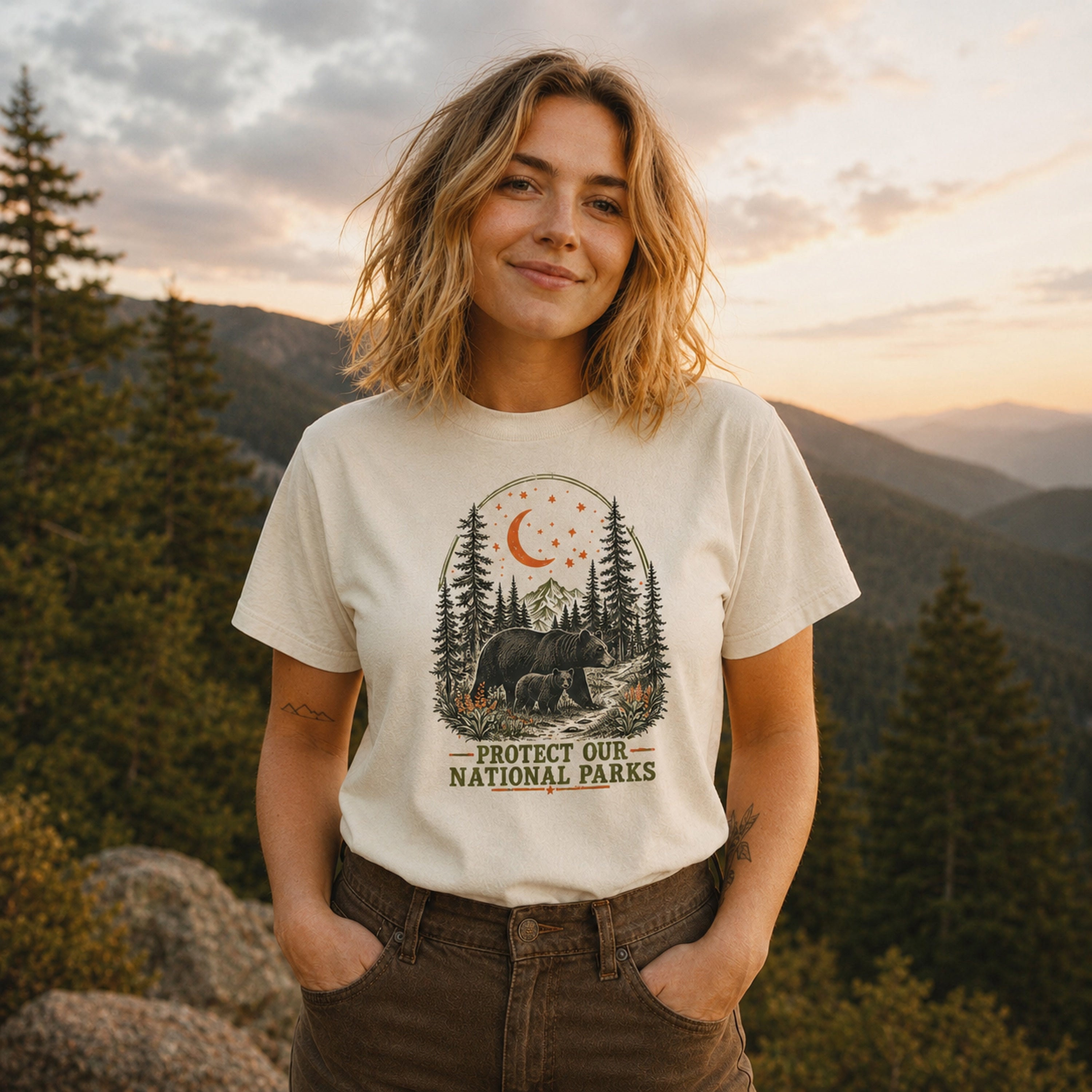 Woman wearing Moonlit Bear national parks tee in Ivory outdoors