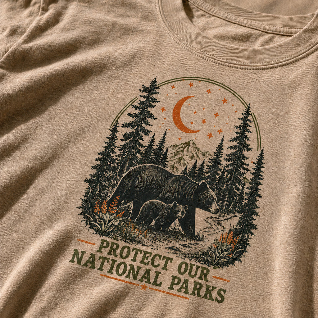 Moonlit Bear national parks tee in Sandstone, DTG ink detail