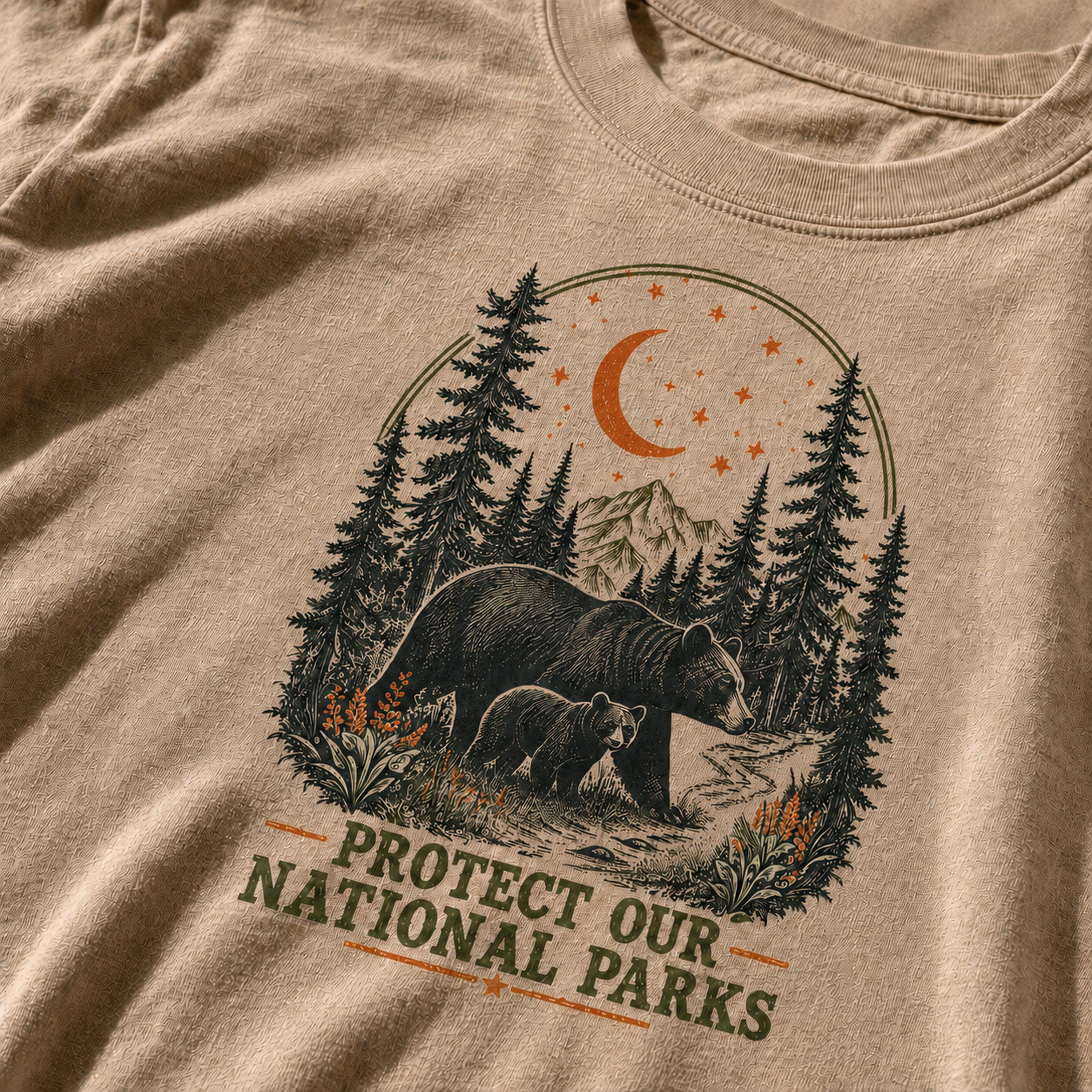 Moonlit Bear national parks tee in Sandstone, DTG ink detail