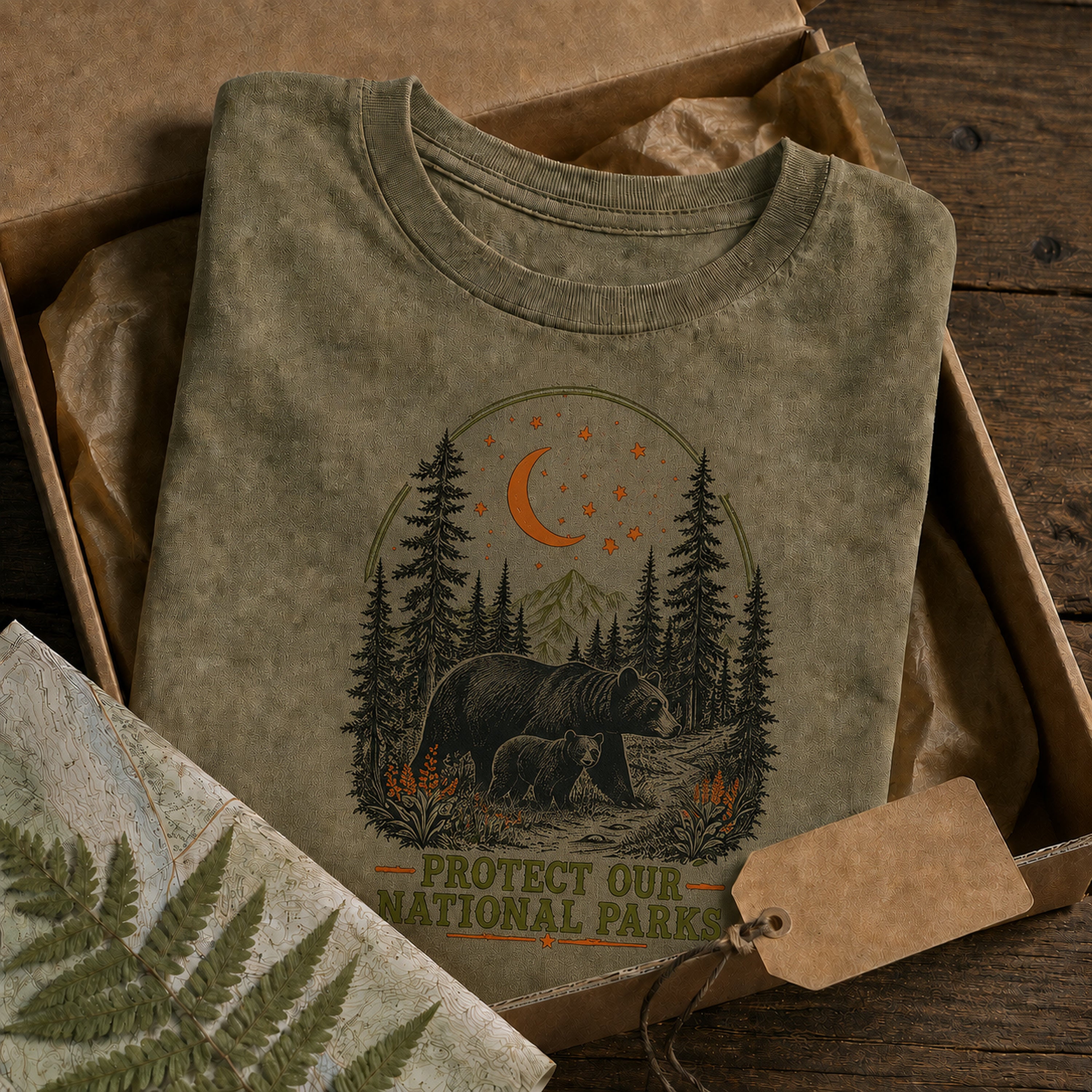 Moonlit Bear national parks tee in Khaki, gift-ready packaging