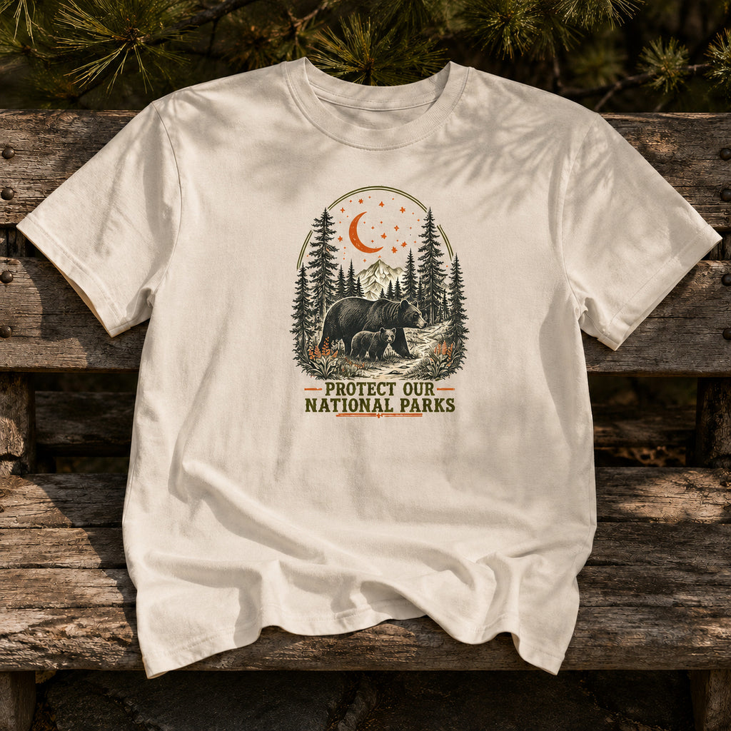 Moonlit Bear national parks tee in Ivory on an outdoor bench