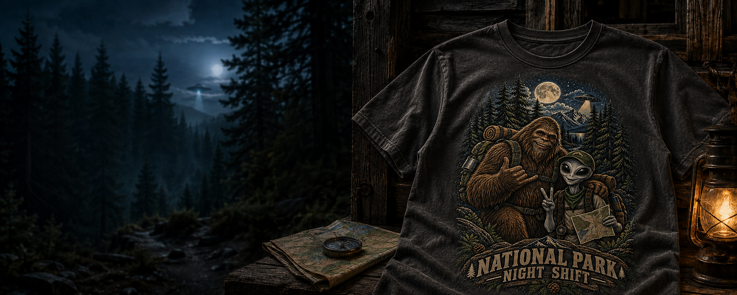 National Park Night Shift Bigfoot and alien tee at a moonlit ranger cabin