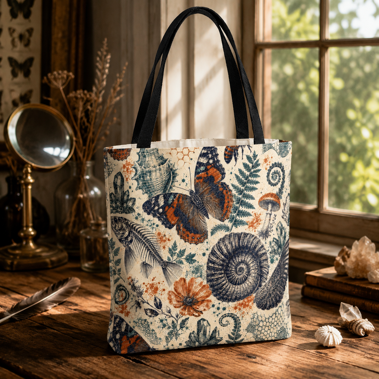 The Natural World Archive tote at a sunlit naturalist field station, showing its navy, rust, and teal specimen print and black inside-mounted handles