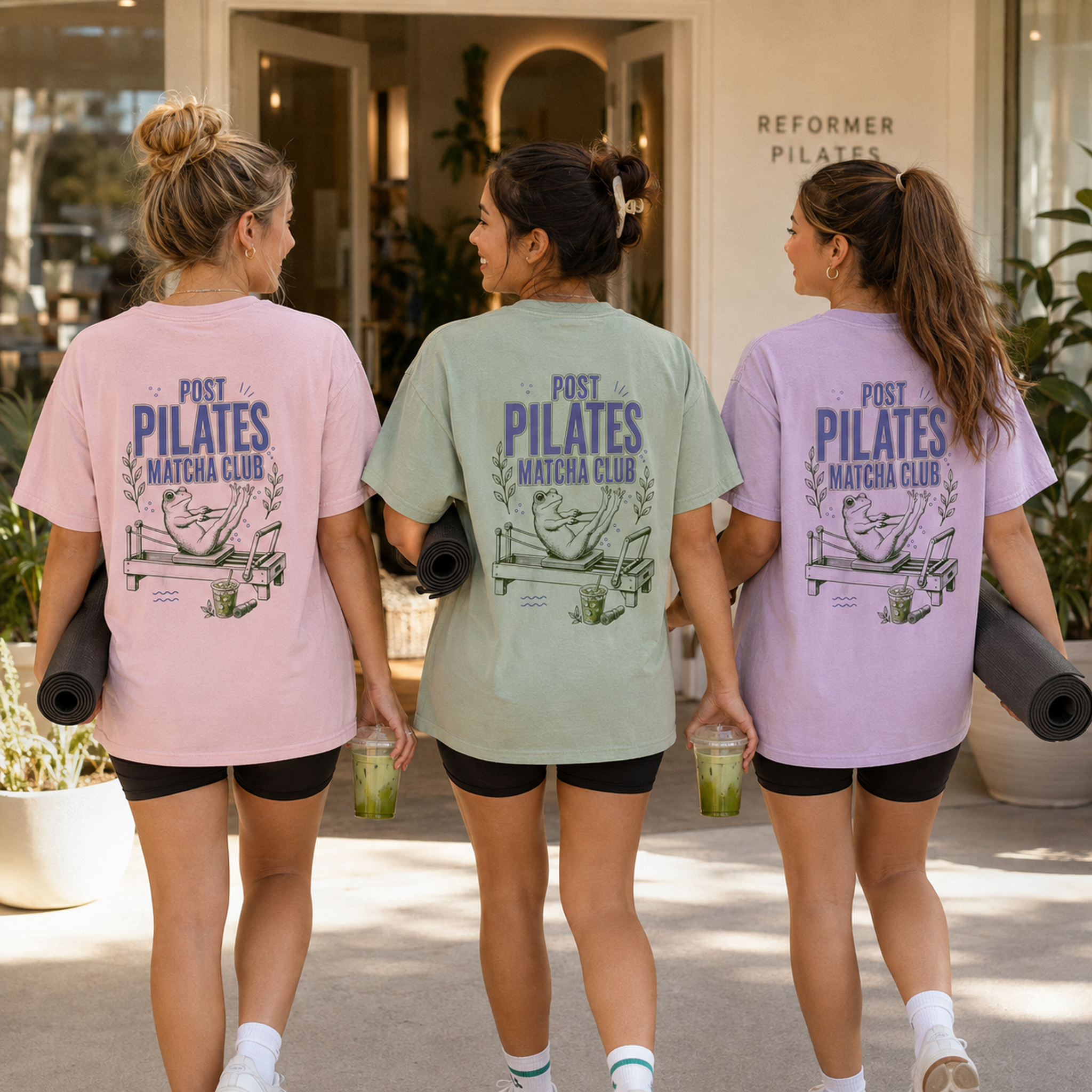 Post Pilates Matcha Club frog tee in Blossom, Bay, and Orchid outside a Pilates studio