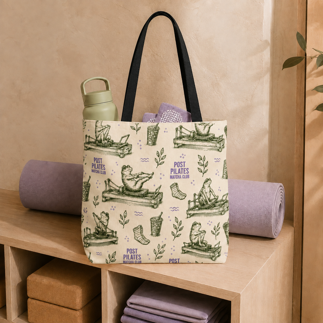 Post Pilates Matcha Club tote packed for class in a studio cubby