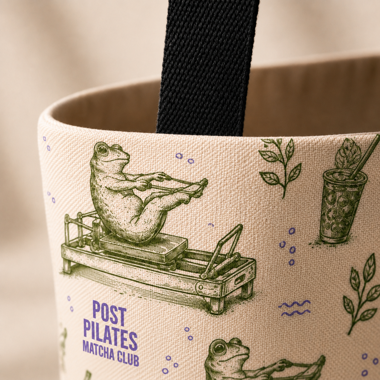 Close-up of Post Pilates Matcha Club tote fabric and clean inside handle attachment