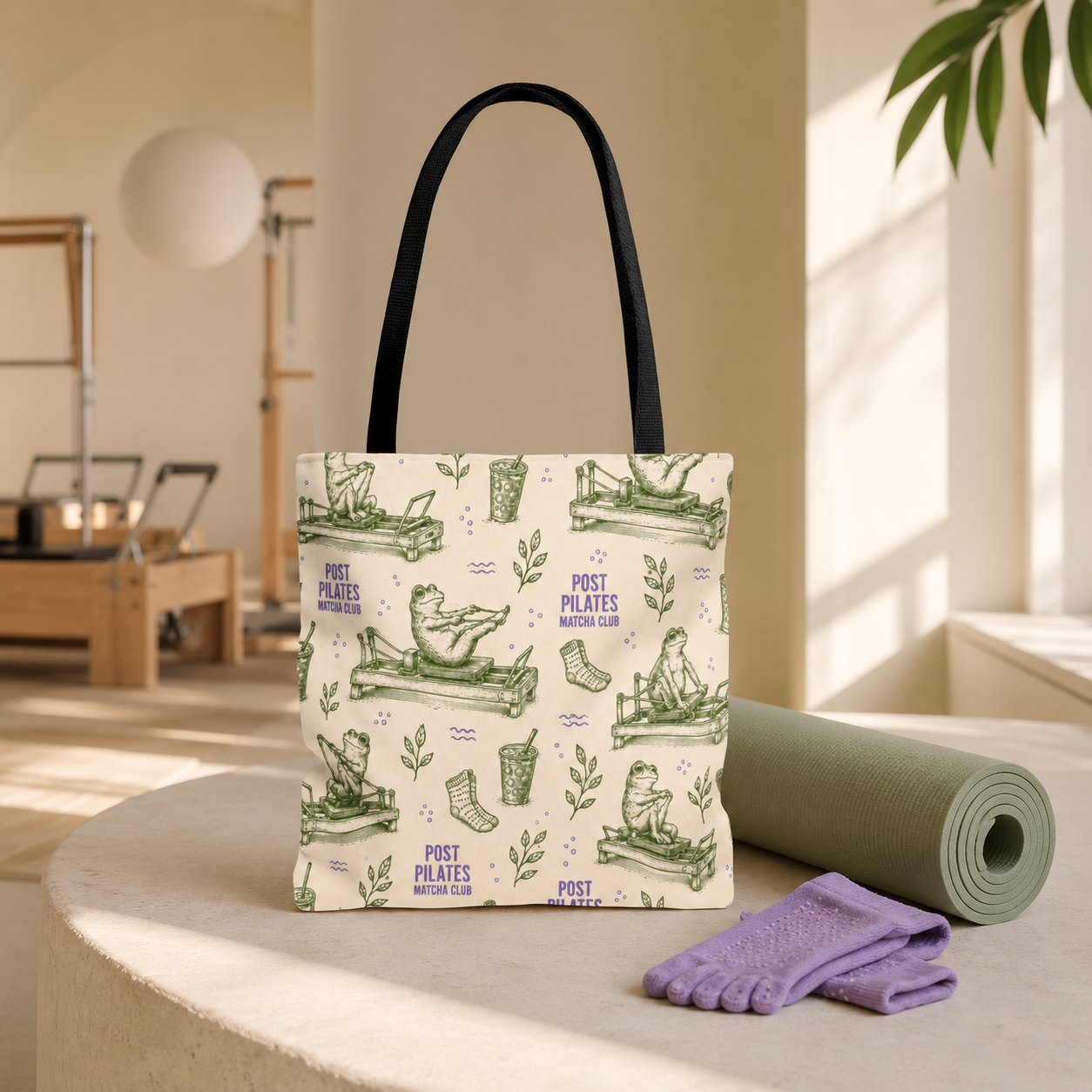 Post Pilates Matcha Club frog tote with sage mat and lavender grip socks