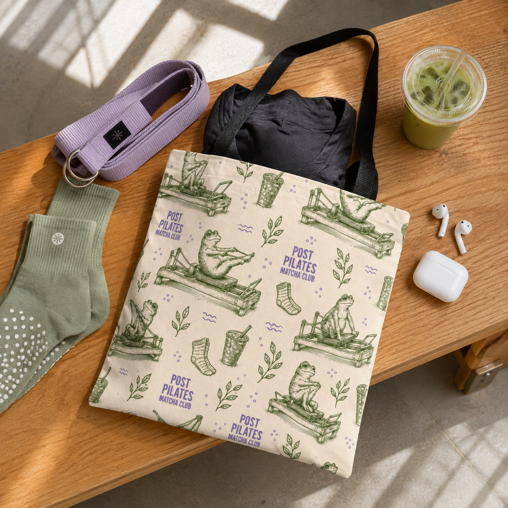 Post Pilates Matcha Club tote styled with grip socks iced matcha and studio essentials