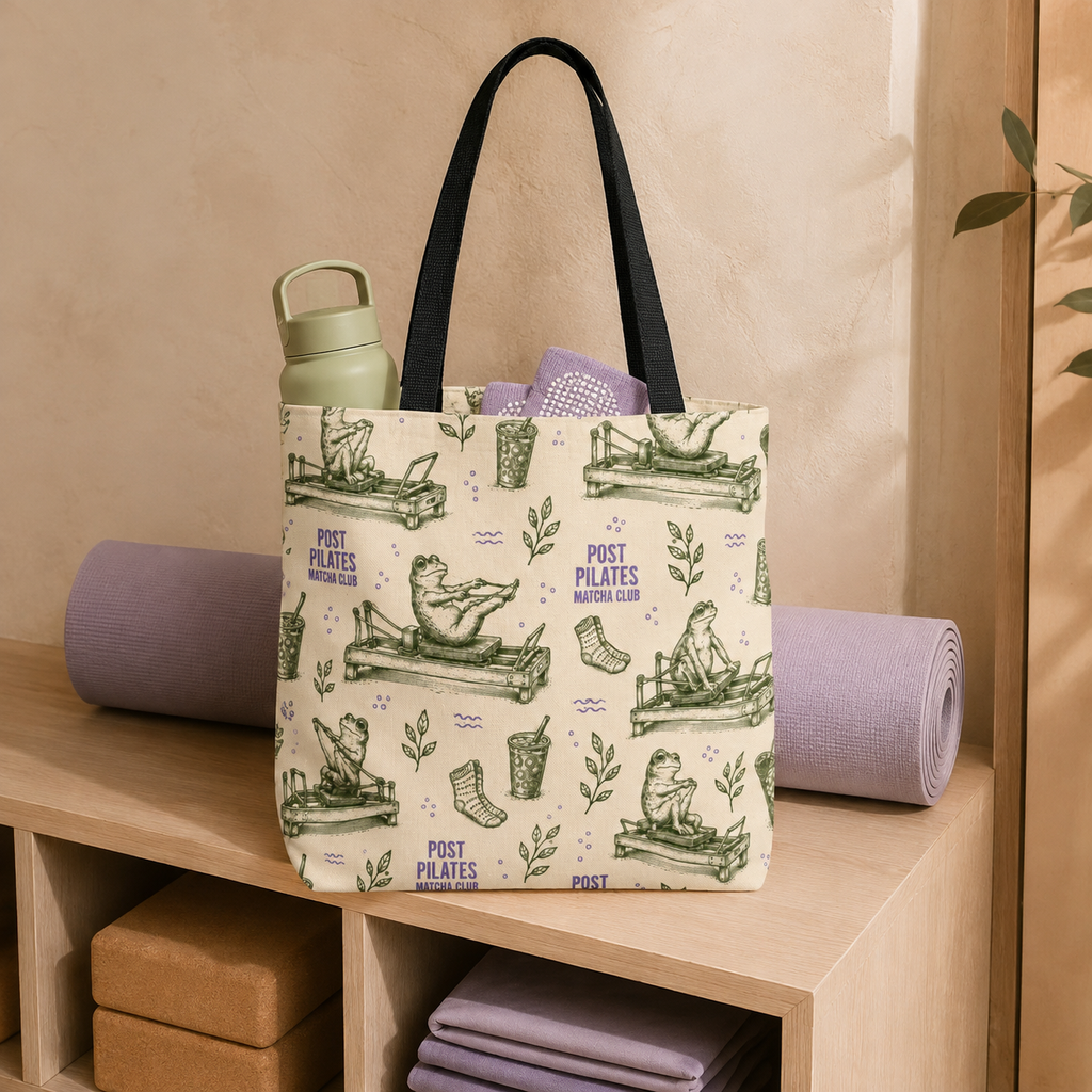 Post Pilates Matcha Club tote packed with grip socks and water bottle on a studio cubby