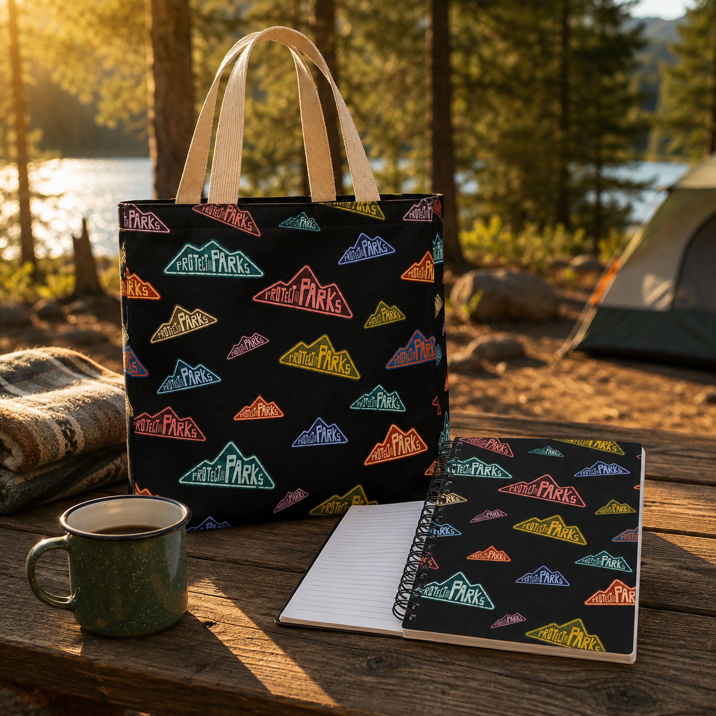 Protect Our Parks tote and notebook bundle — campground bundle scene
