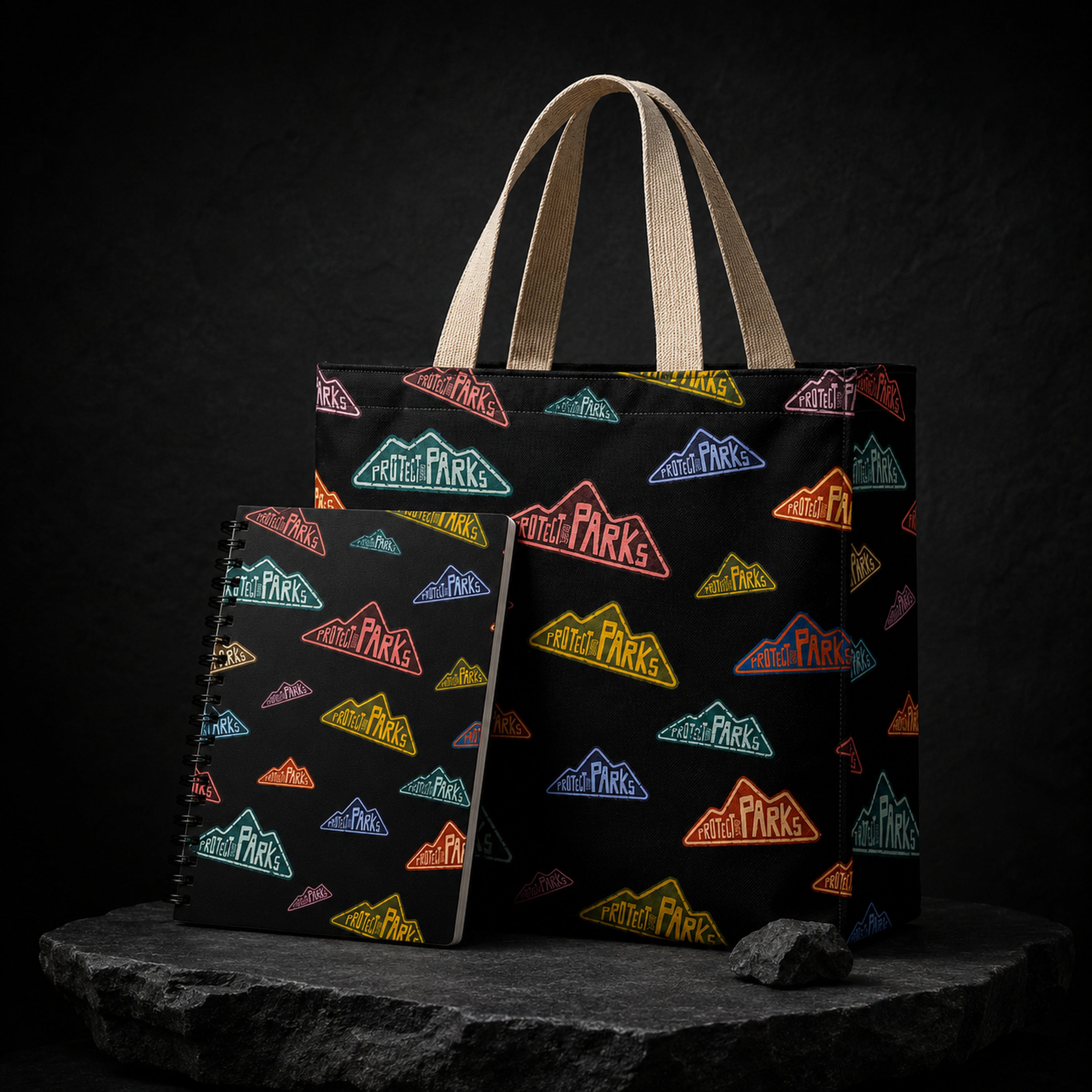Protect Our Parks tote and notebook bundle — black studio final hero