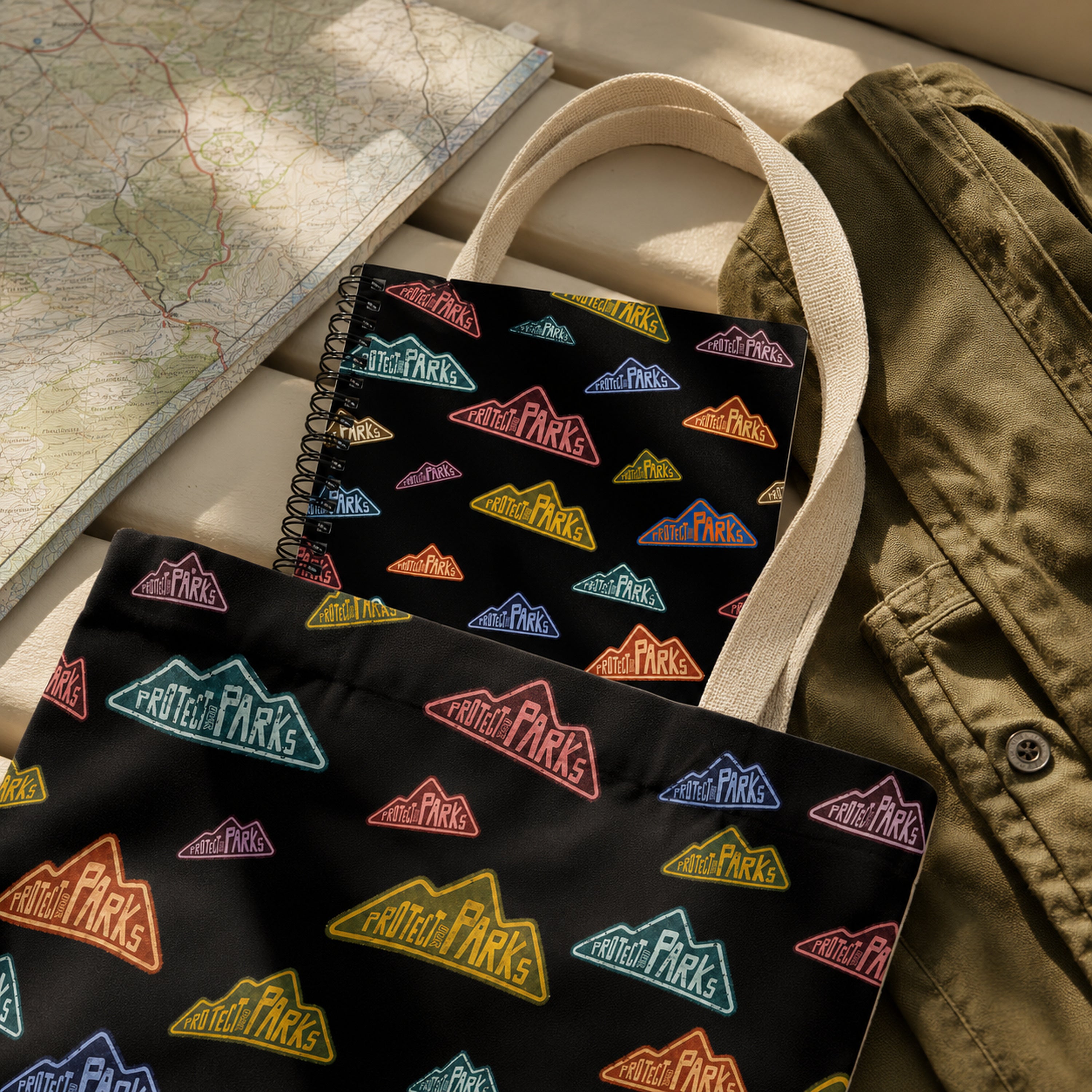 Protect Our Parks black spiral notebook — notebook in matching tote