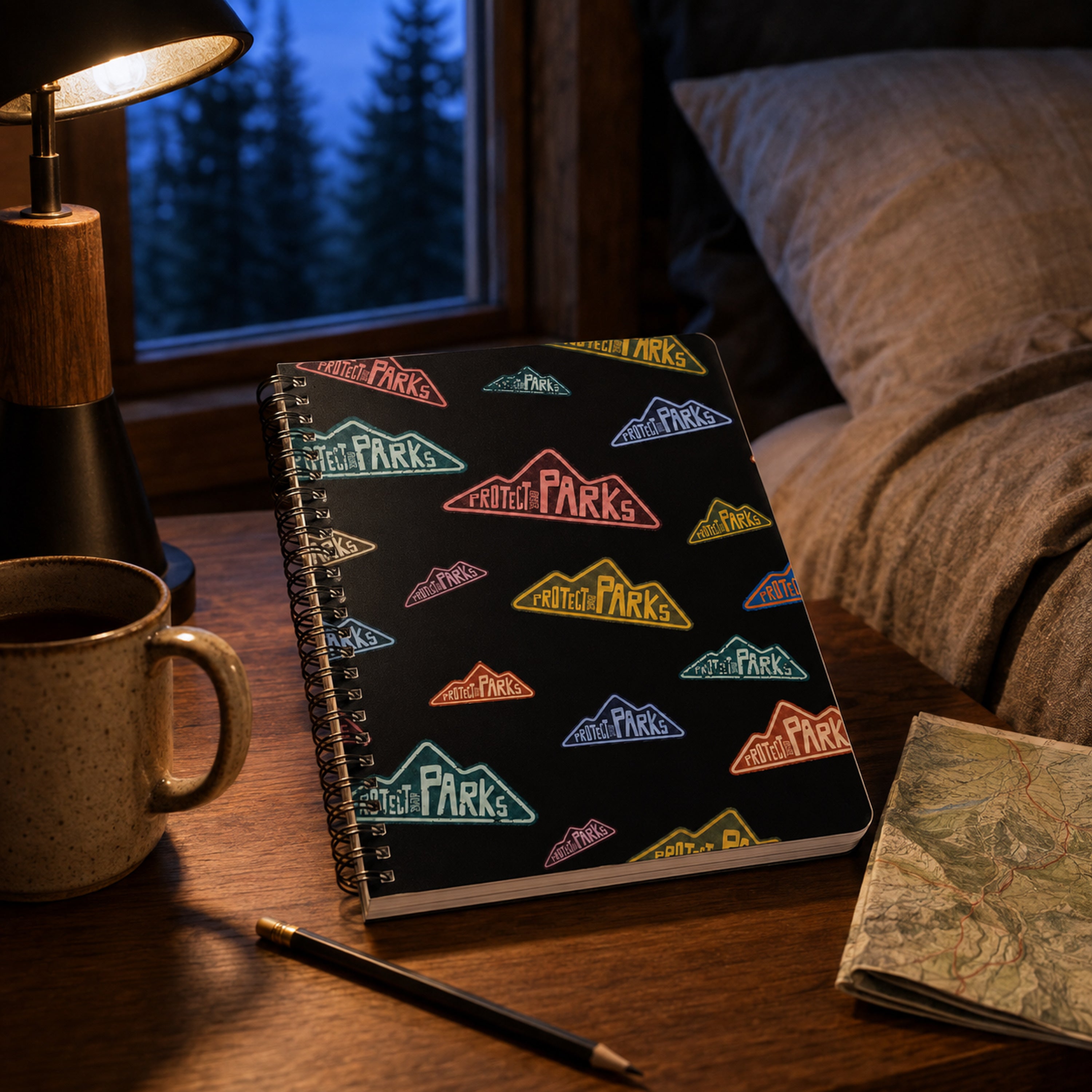 Protect Our Parks black spiral notebook — cabin nightstand