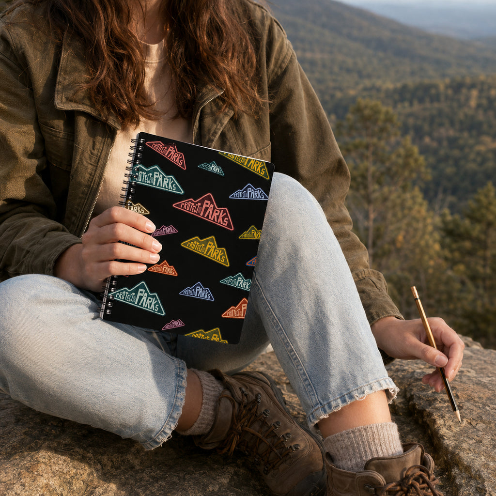 Protect Our Parks black spiral notebook — scenic overlook notes