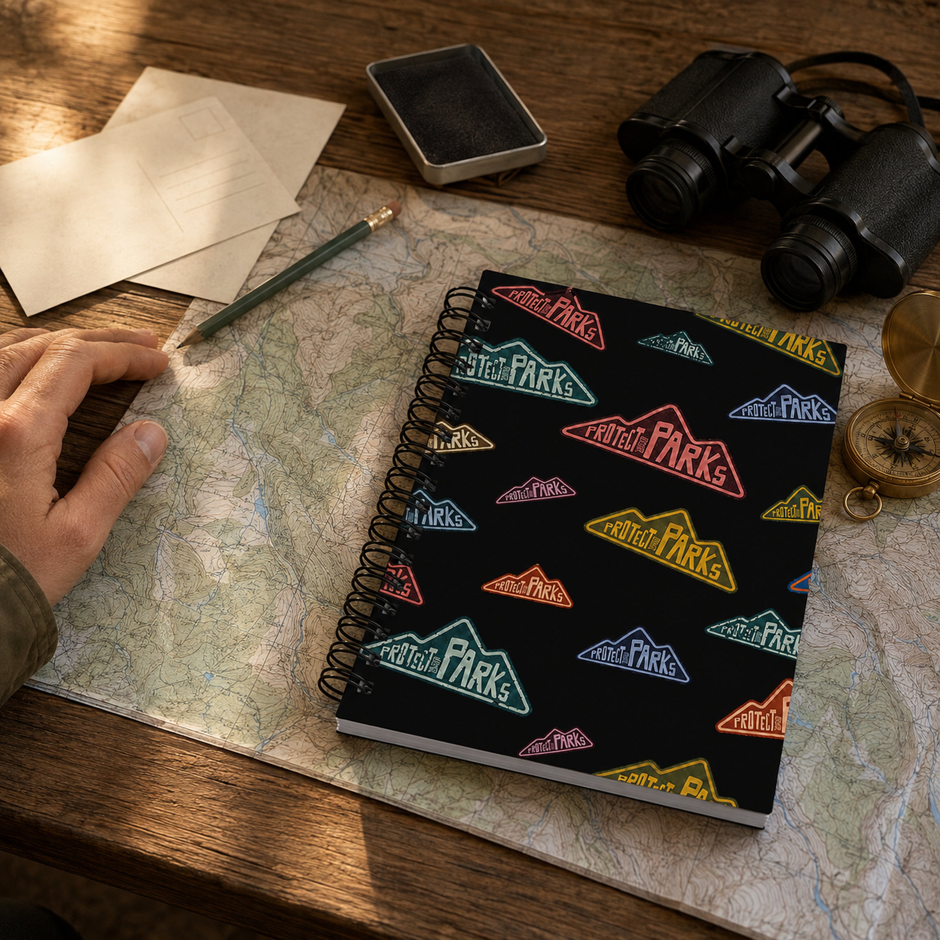 Protect Our Parks black spiral notebook — visitor center map planning