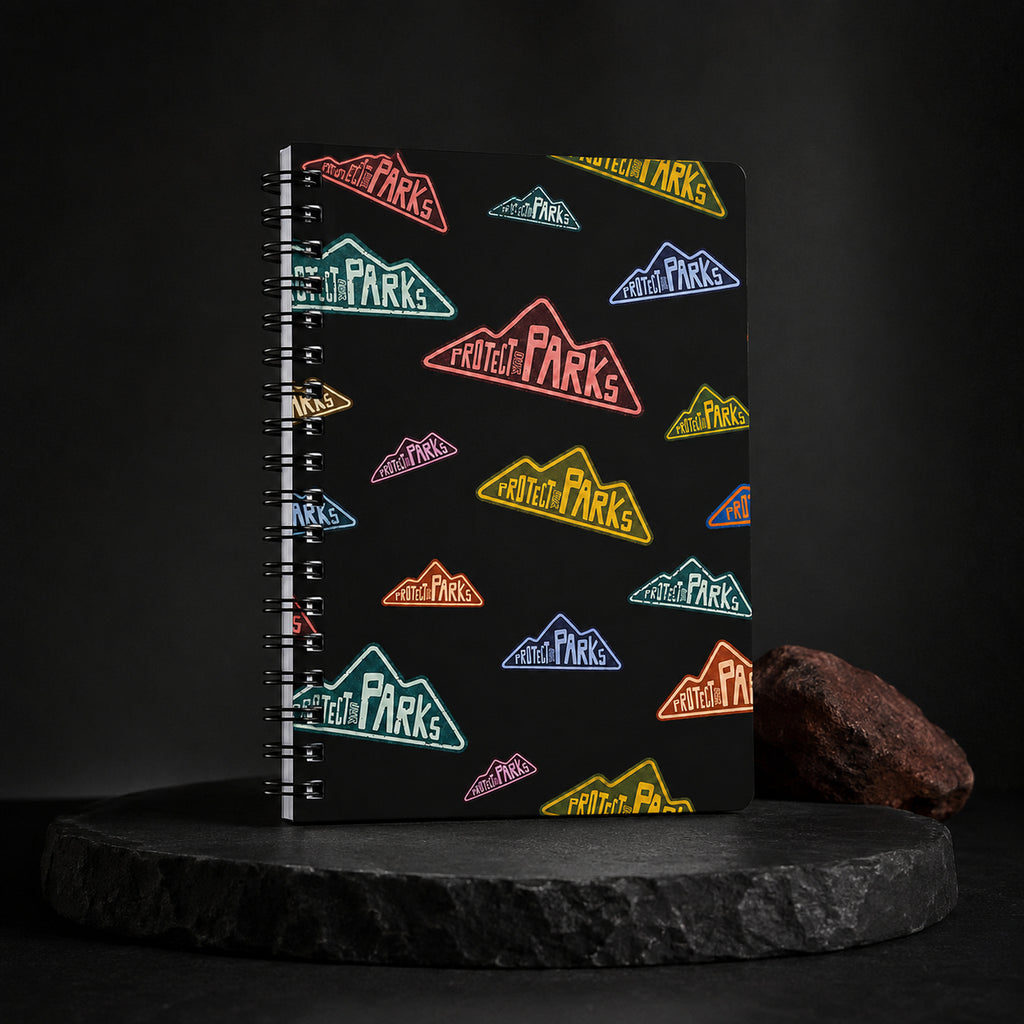 Protect Our Parks black spiral notebook — final minimal black hero