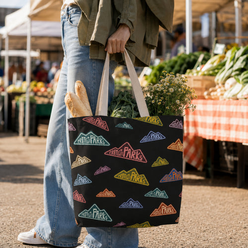 Protect Our Parks black all-over-print tote — farmers market carry