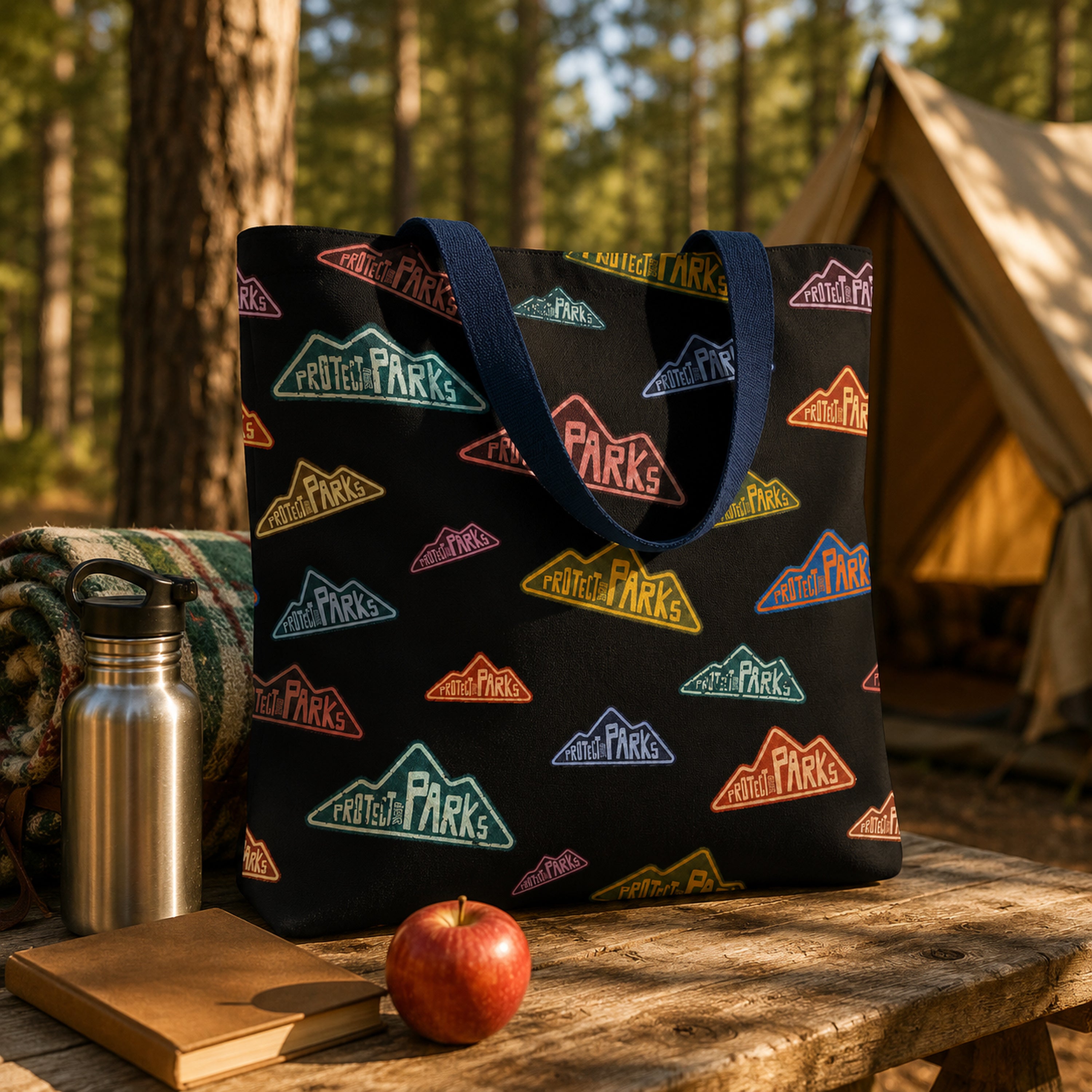 Protect Our Parks black all-over-print tote — campground picnic table