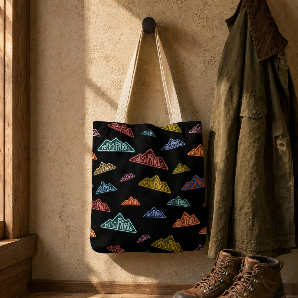 Protect Our Parks black all-over-print tote — cabin entry hook