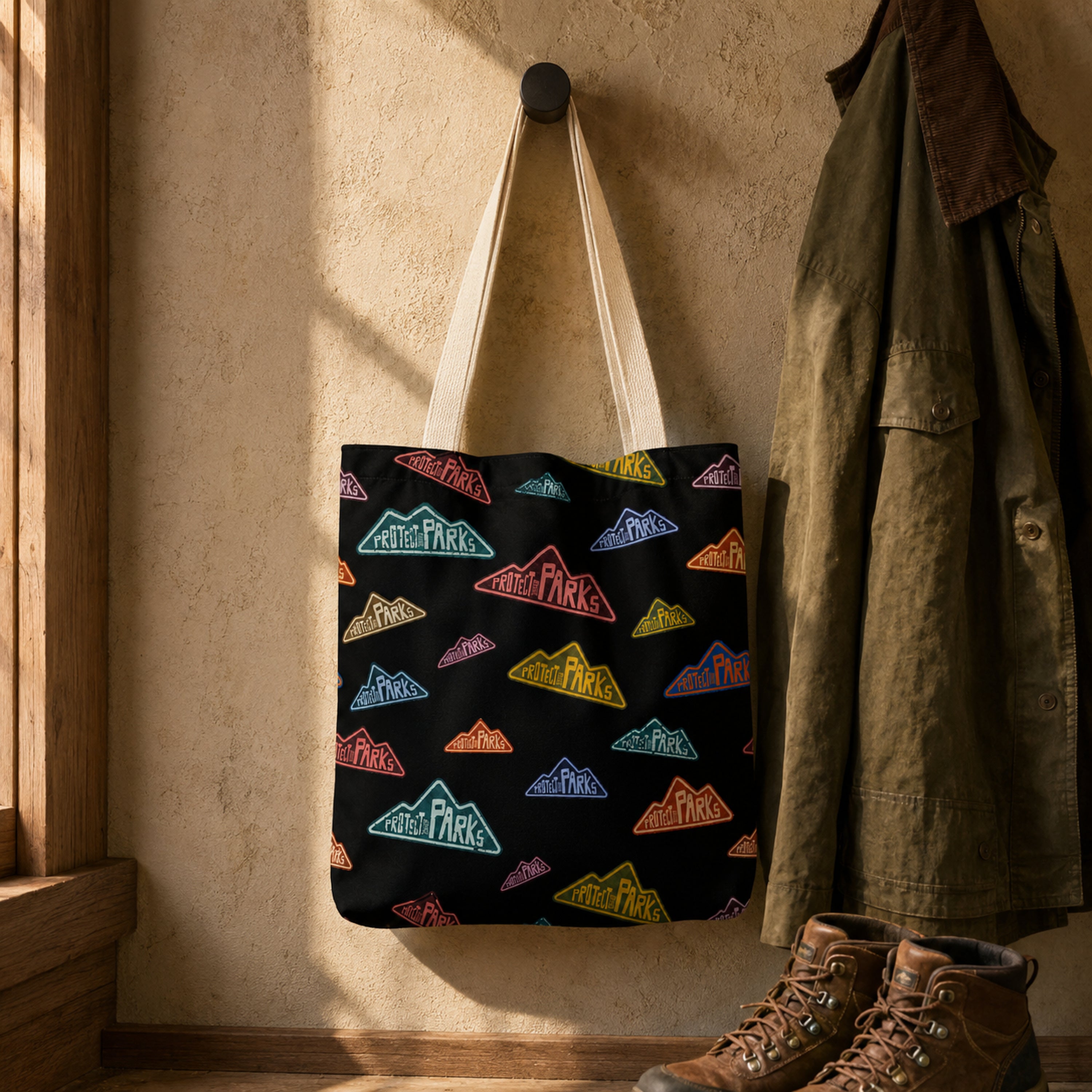 Protect Our Parks black all-over-print tote — cabin entry hook