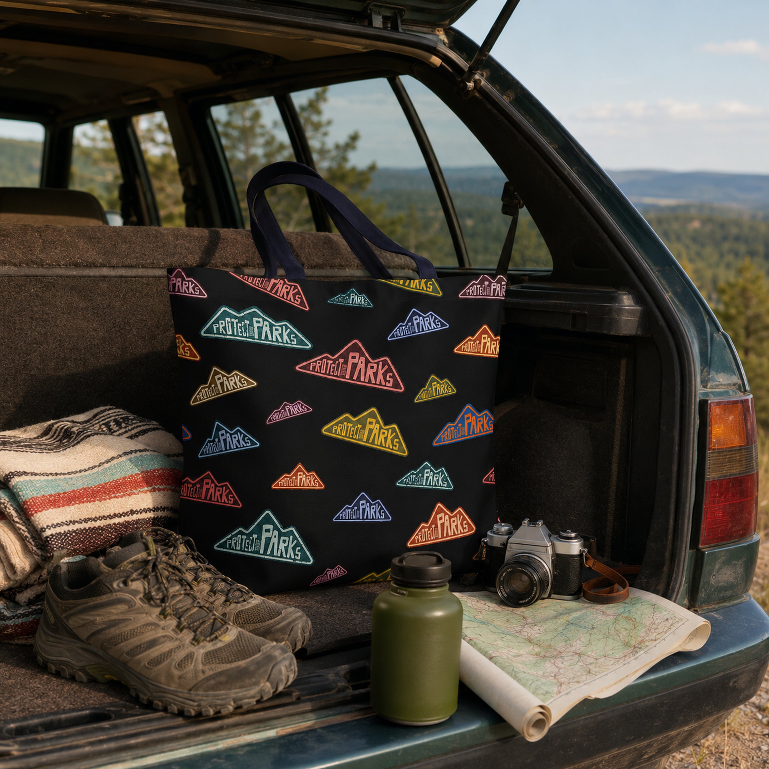 Protect Our Parks black all-over-print tote — road trip car trunk
