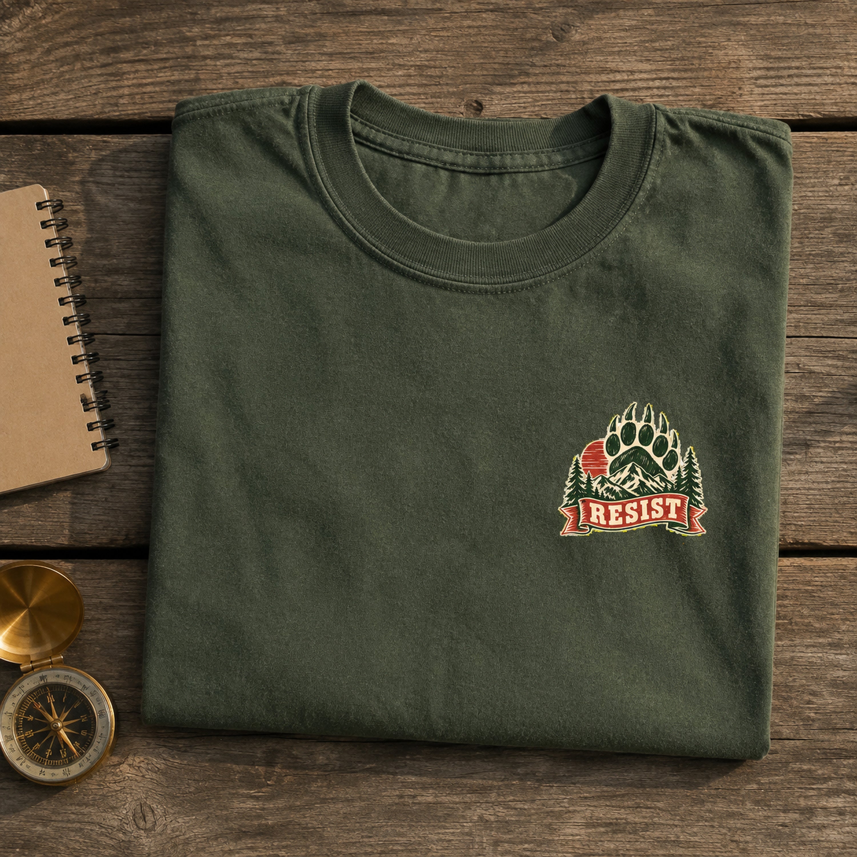 Resist Bear Comfort Colors 1717 Moss tee small front chest detail
