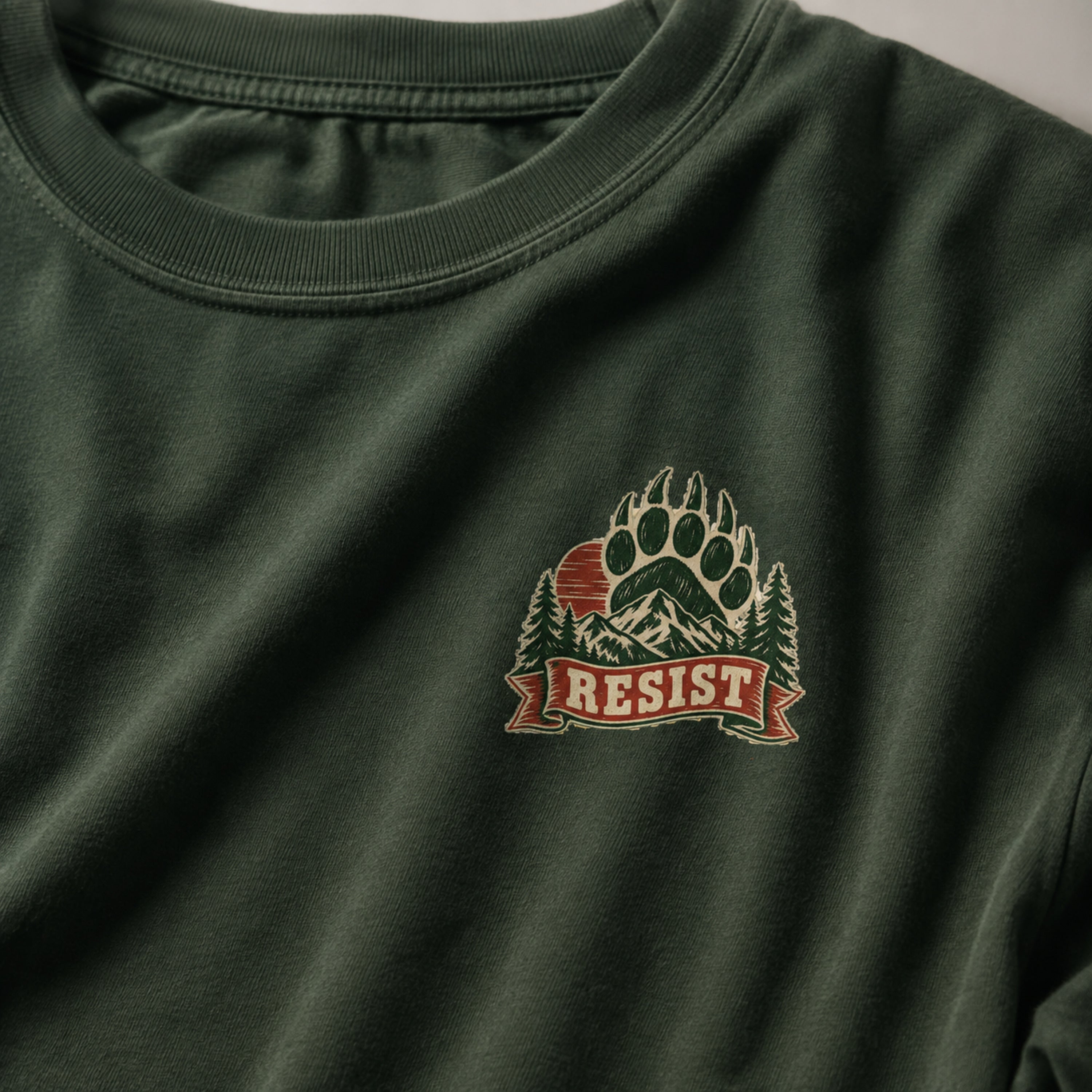 Resist Bear Comfort Colors 1717 Moss tee front chest print macro
