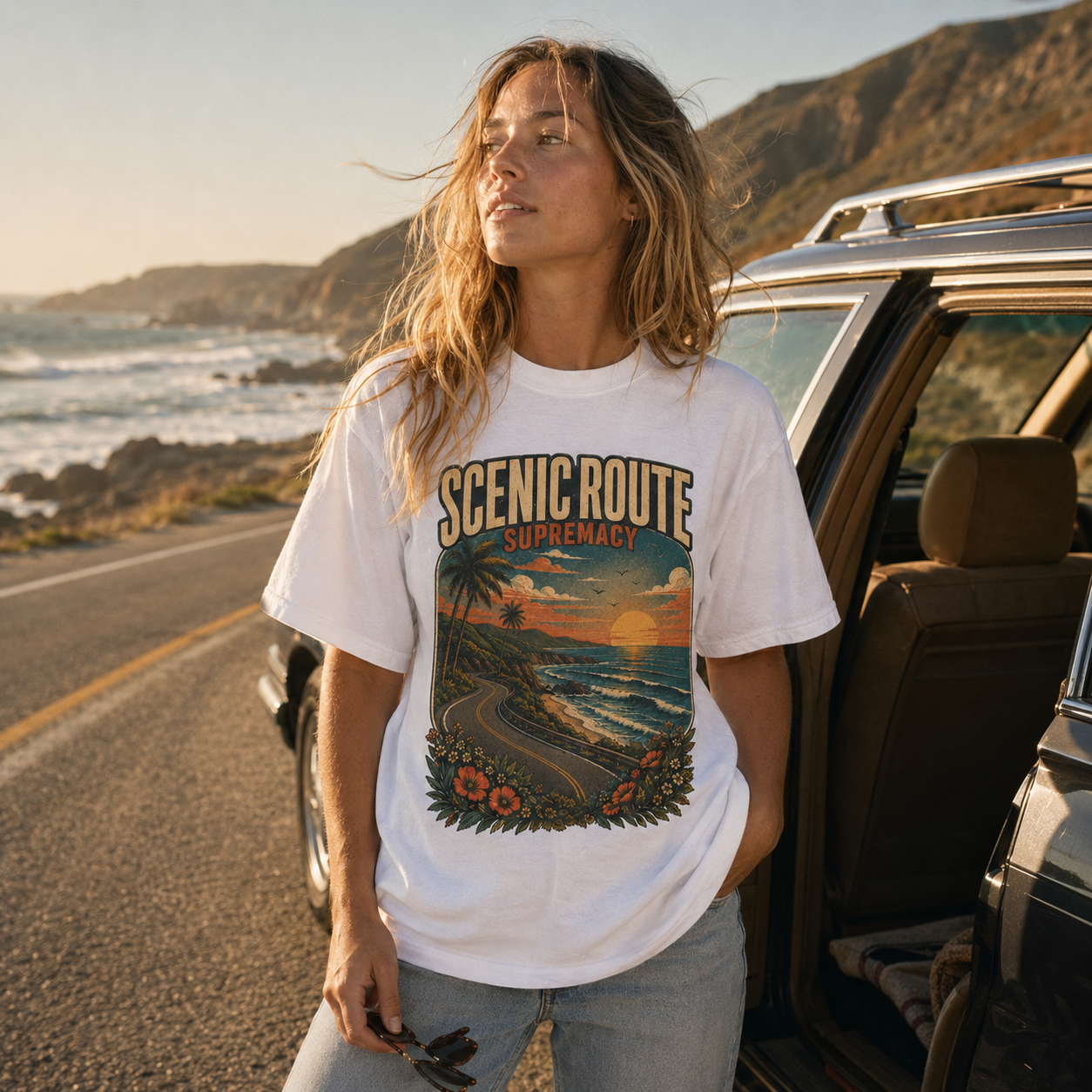 Woman wearing the white Scenic Route Supremacy Comfort Colors tee beside a station wagon on a coastal road trip