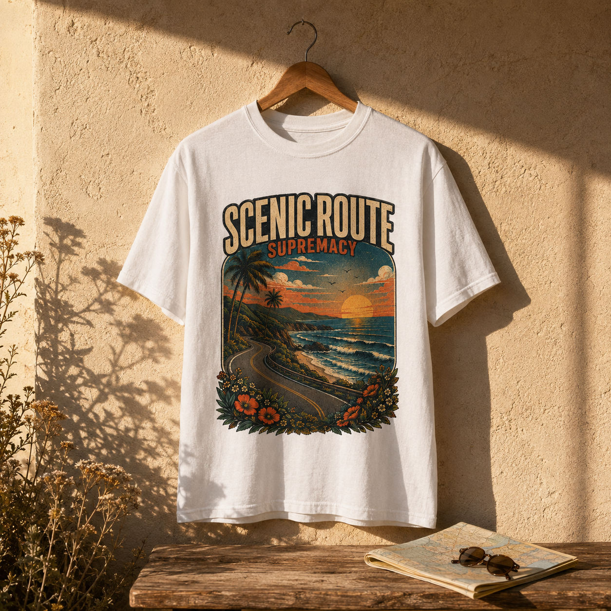 Scenic Route Supremacy white Comfort Colors tee on a wood hanger in warm coastal sunlight with a road map and sunglasses