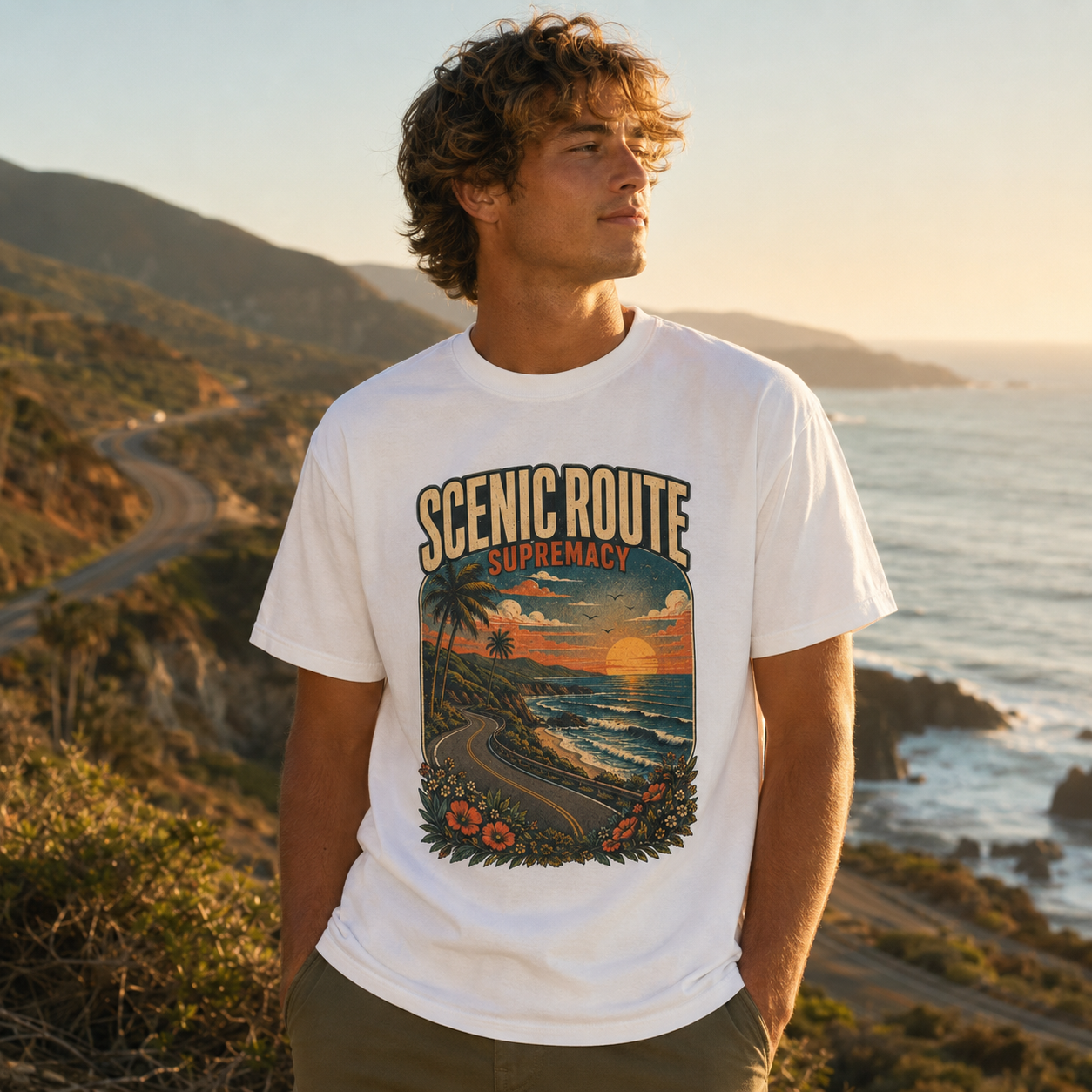Model wearing the white Scenic Route Supremacy Comfort Colors tee at a coastal overlook during golden hour