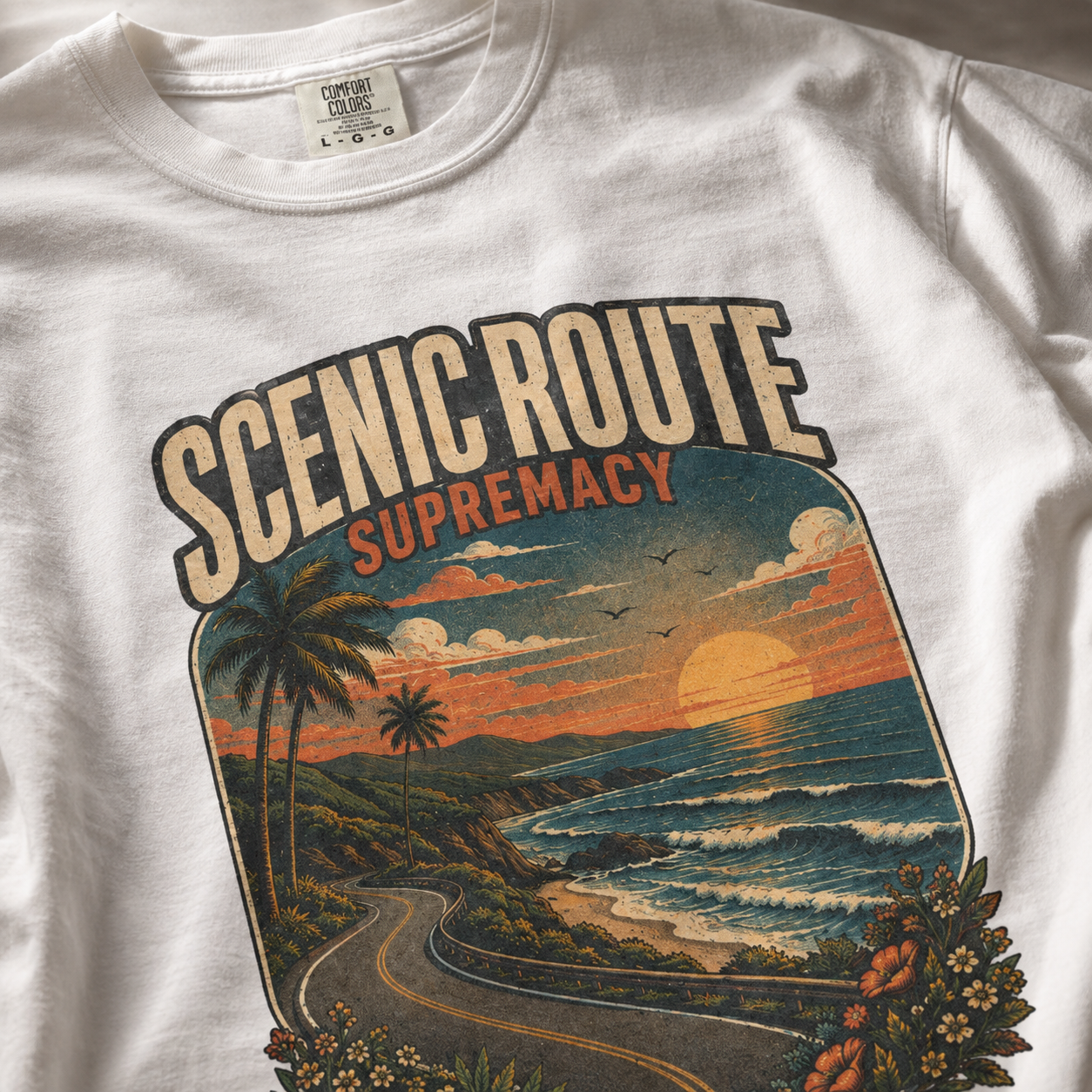 Close-up of Scenic Route Supremacy DTG artwork printed into the cotton fibers of a white Comfort Colors tee