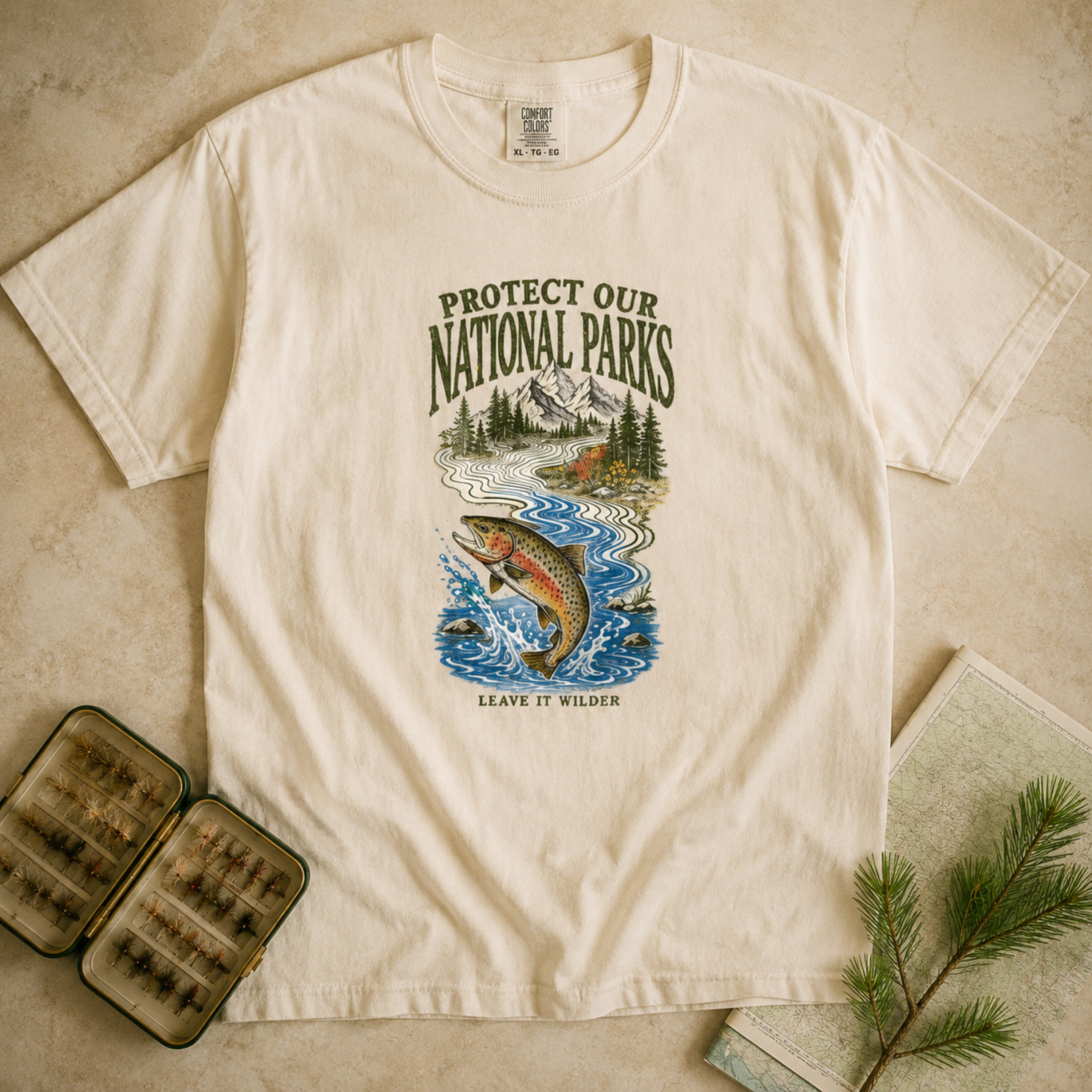 Wild Trout Protect Our National Parks Comfort Colors 1717 Ivory tee hero flat lay