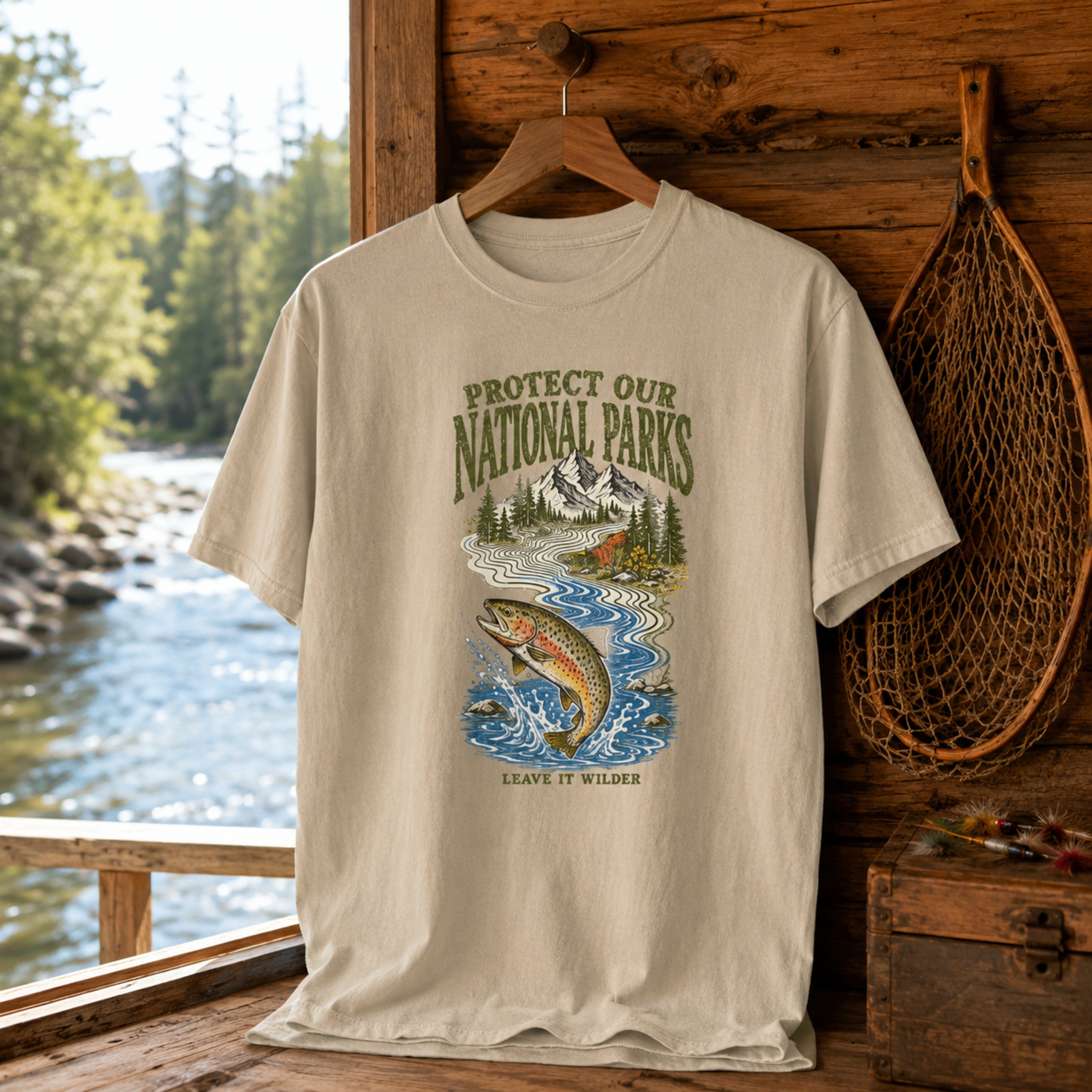 Wild Trout Protect Our National Parks Comfort Colors 1717 Sandstone tee cabin hanger
