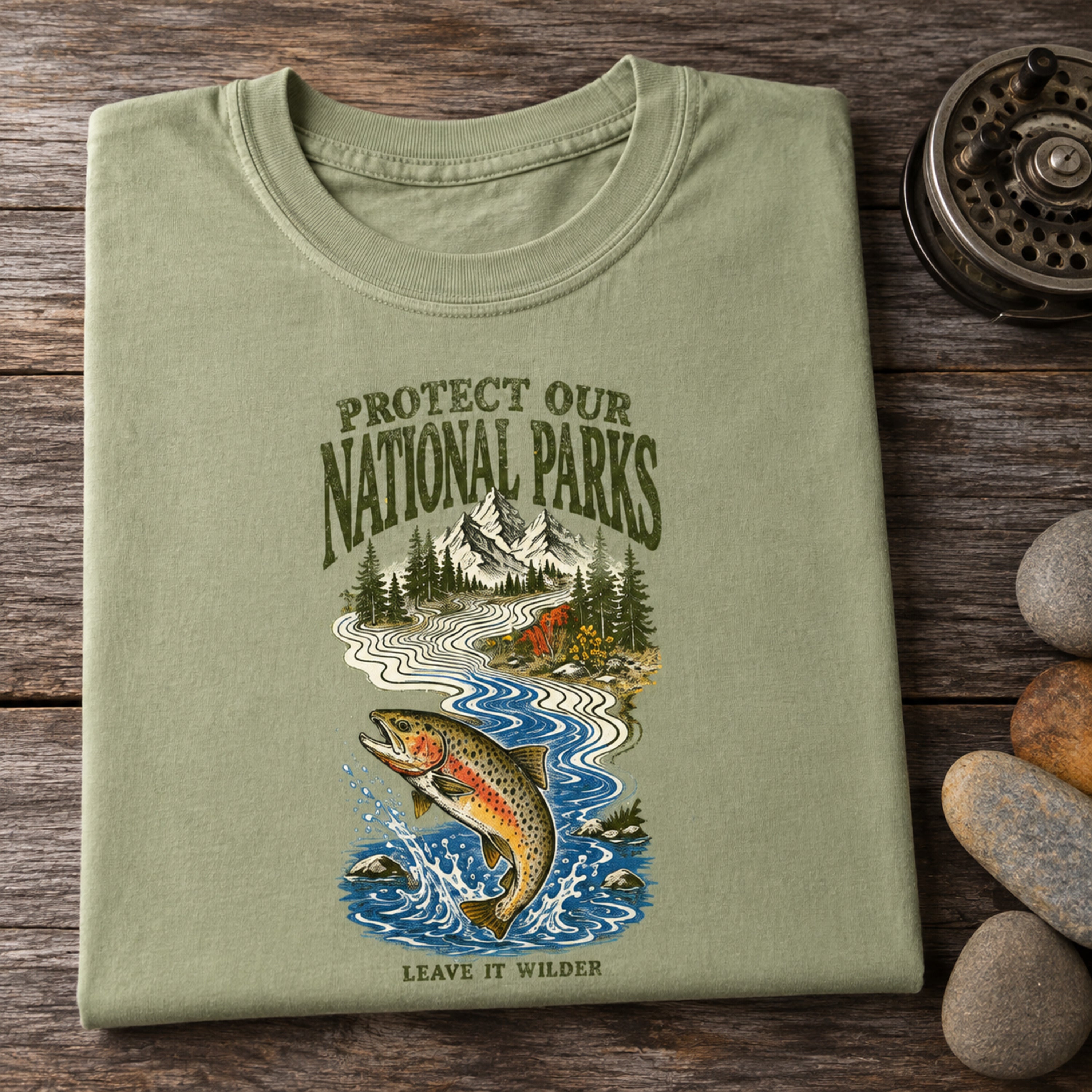 Wild Trout Protect Our National Parks Comfort Colors 1717 Light Green tee folded detail