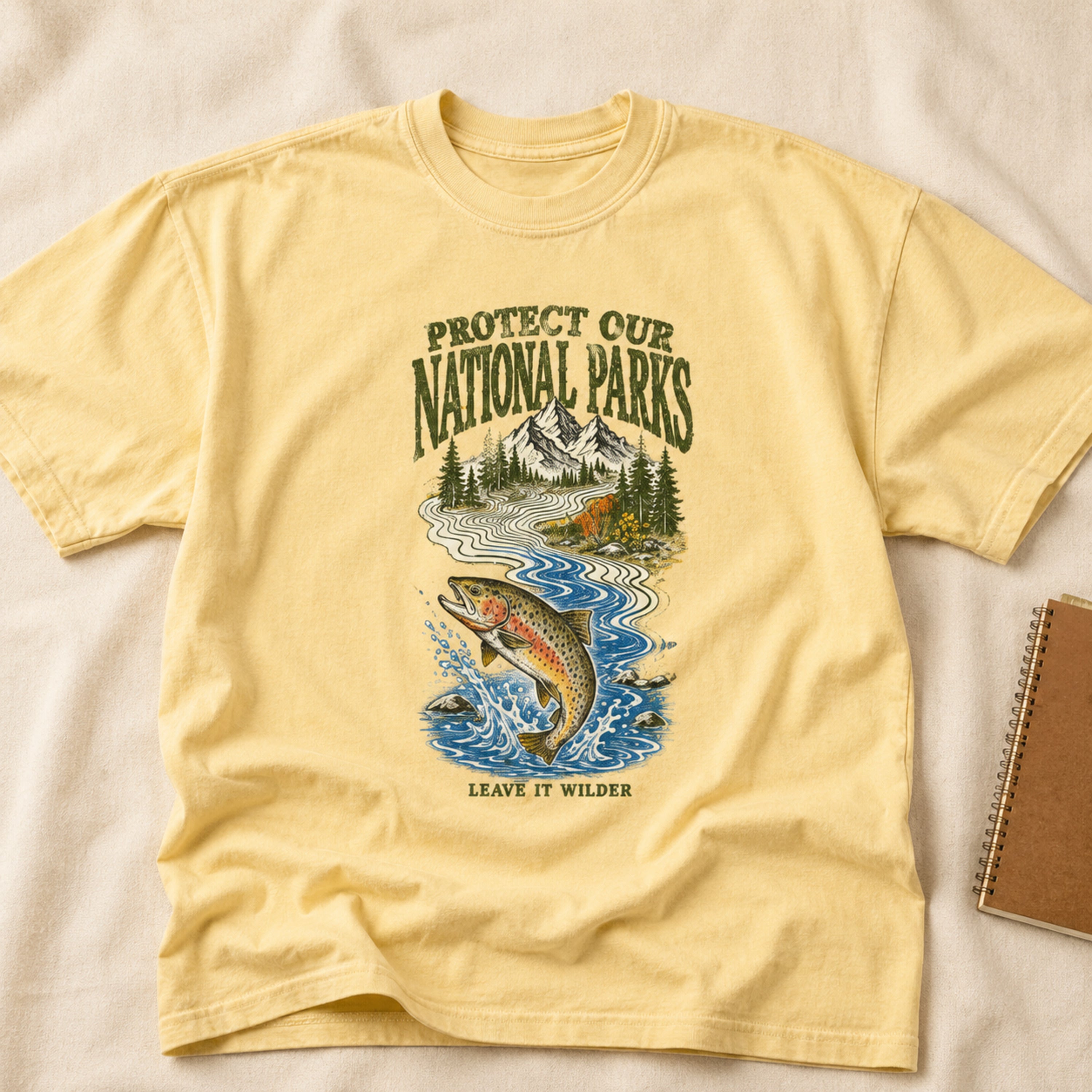 Wild Trout Protect Our National Parks Comfort Colors 1717 Butter tee collar and fabric detail