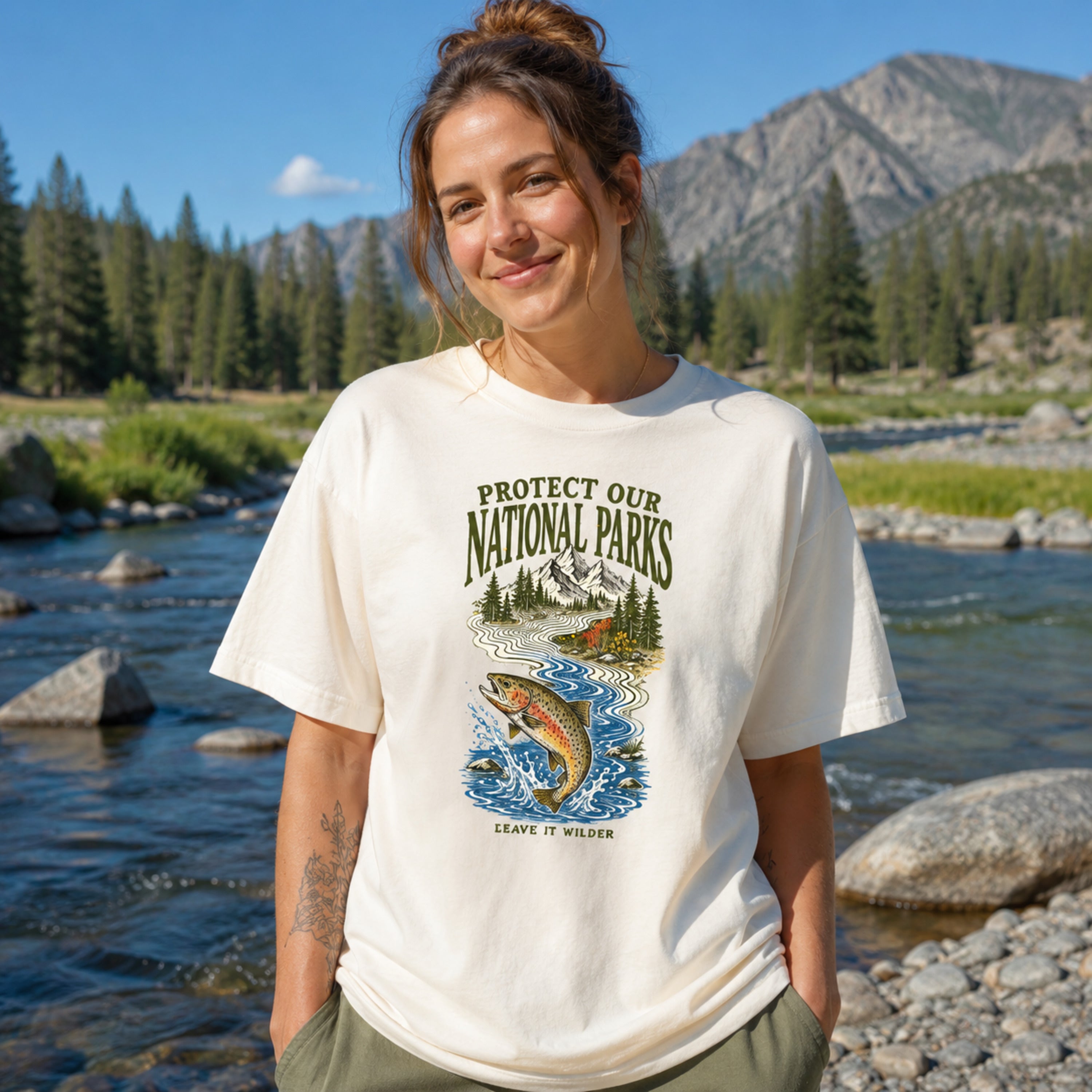 Woman wearing Wild Trout Protect Our National Parks Comfort Colors 1717 Ivory tee riverside
