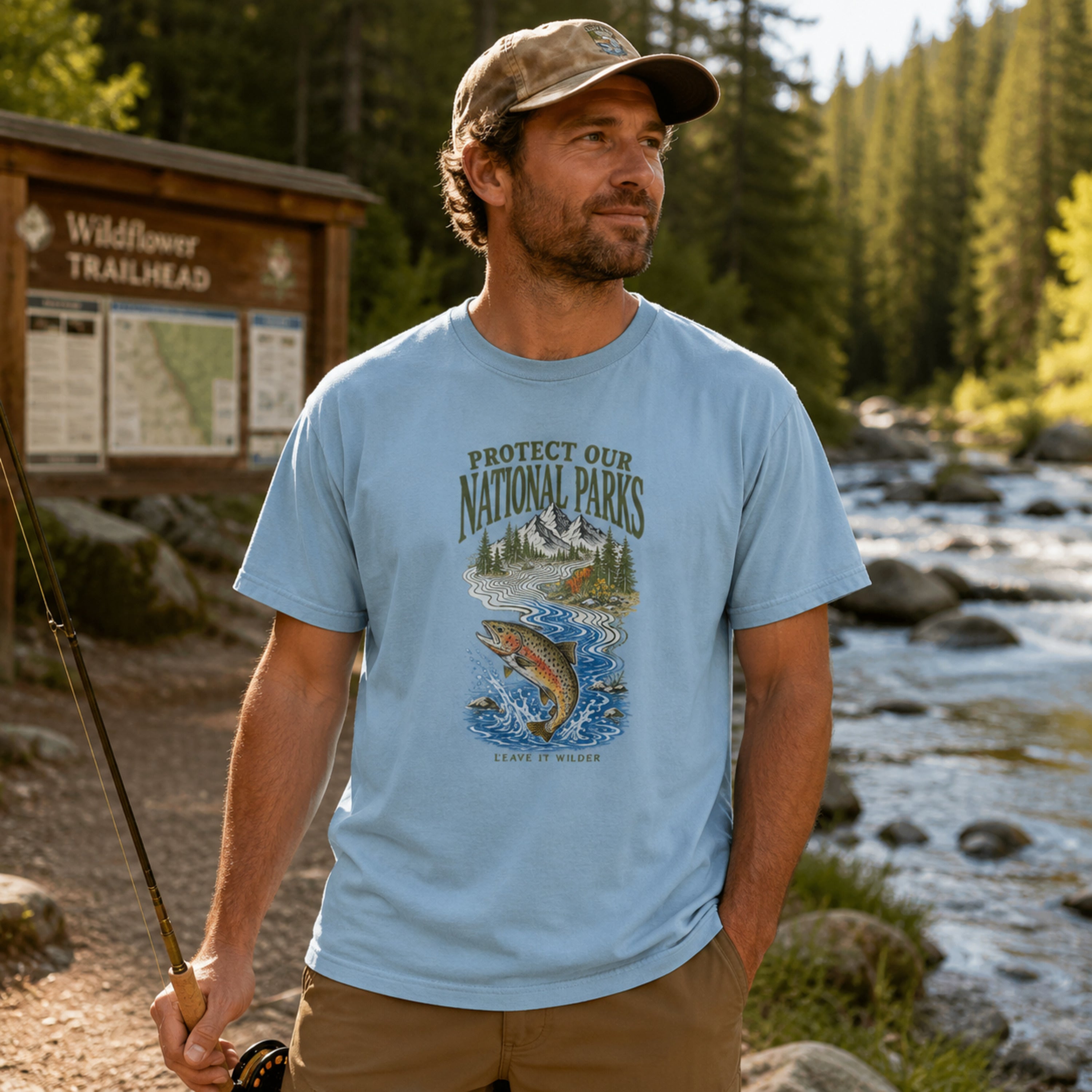 Man wearing Wild Trout Protect Our National Parks Comfort Colors 1717 Chambray tee at trailhead