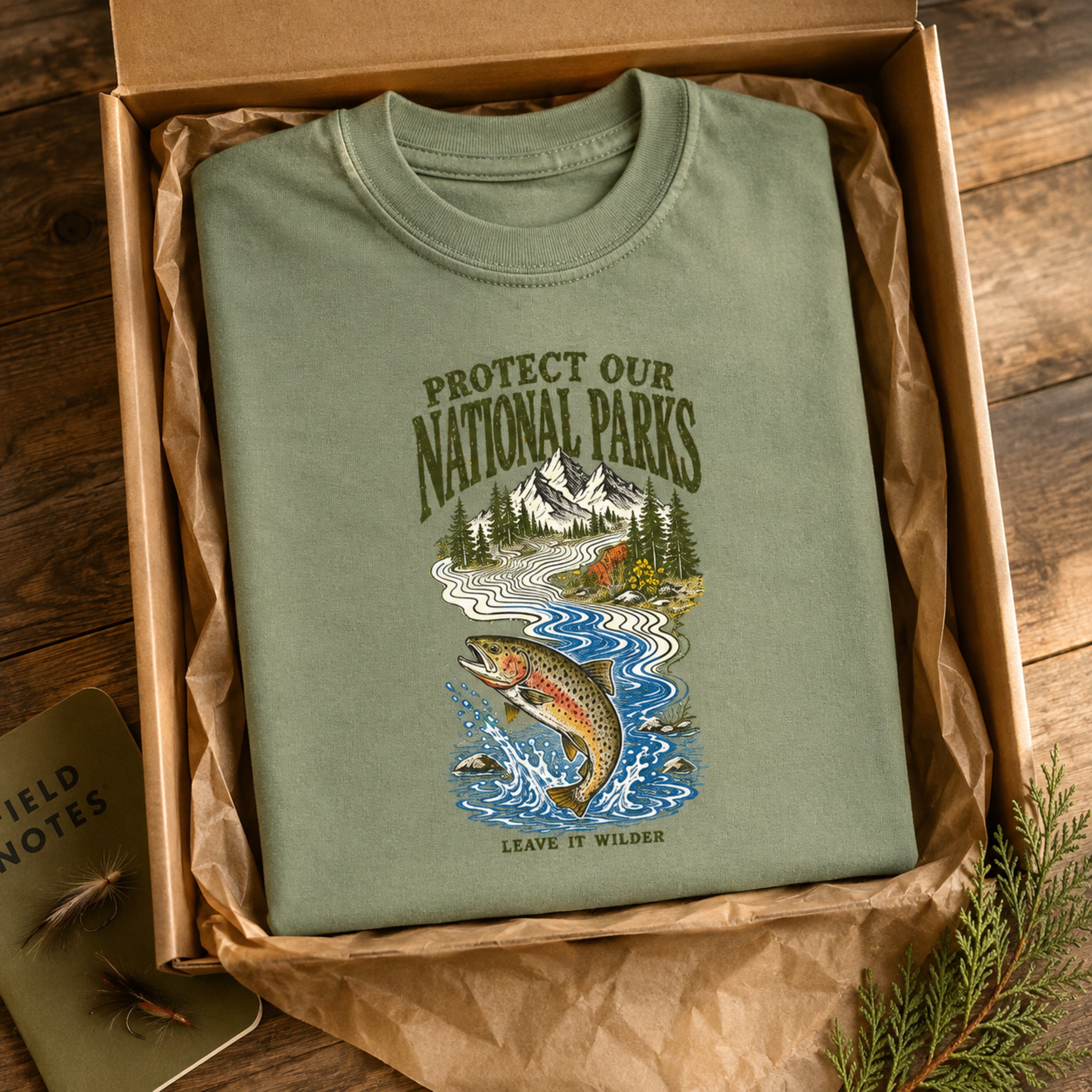 Wild Trout Protect Our National Parks Comfort Colors 1717 Light Green tee gift-ready mockup